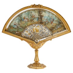 Fan in Louis XVI Style Gilded Wood Display Stand.