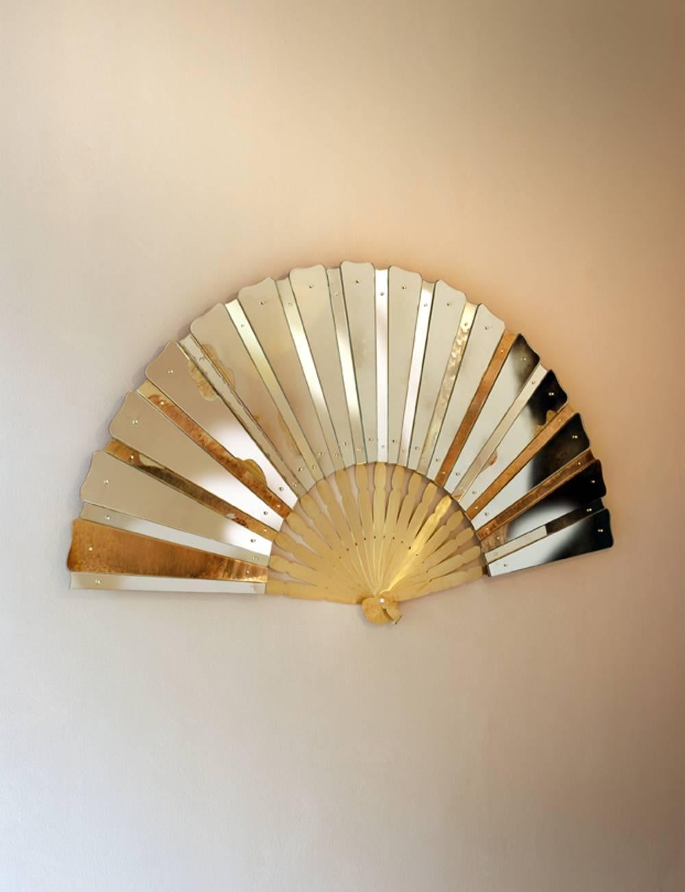 Contemporary Fan Sculpture Mirror Old Glass and Silvering Brass Metal by Sabrina Landini