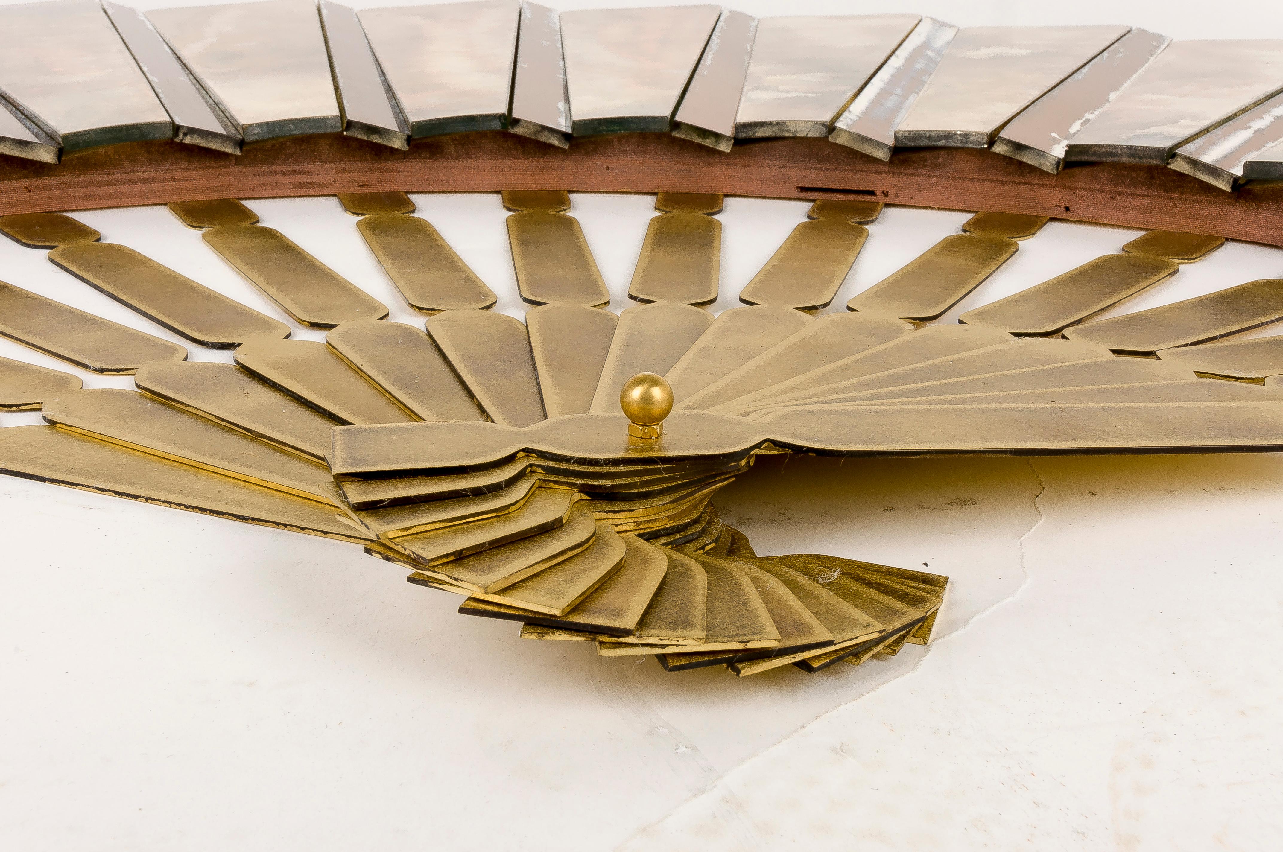 Contemporary Fan Sculpture Mirror Silvered Glass and Amber Antiqued Brass Handmade Tuscany
