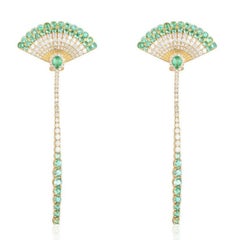 Fan Shaped Emerald 14K (or 18k upon request) Yellow Gold Diamond Dangle Earrings