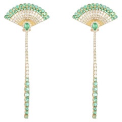 Fan Shaped Emerald 14K (or 18k upon request) Yellow Gold Diamond Dangle Earrings