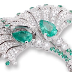 Fan-Shaped Floral Emerald and Diamond Brooch in 18 Karat Gold GIA Certified