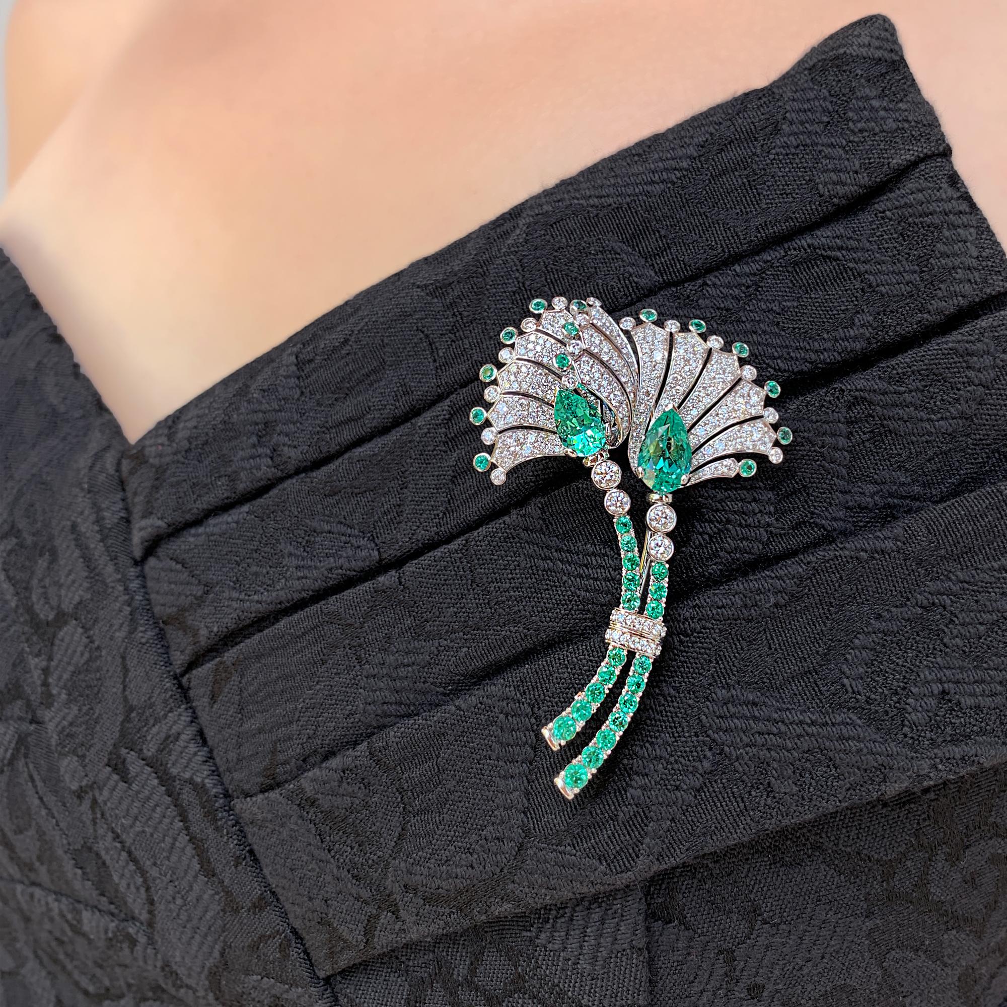 Pear Cut Fan-Shaped Floral Emerald and Diamond Brooch in 18 Karat Gold GIA Certified For Sale