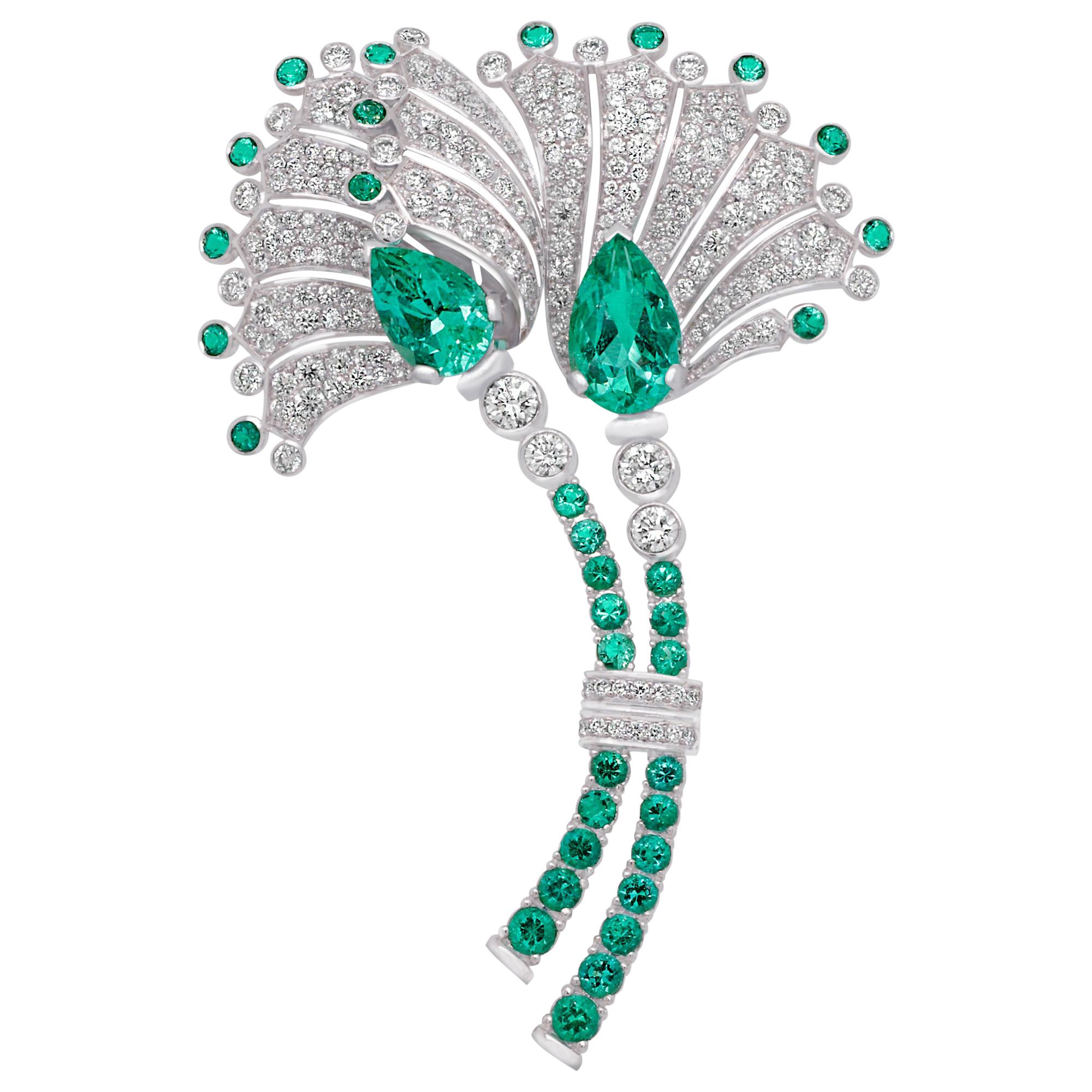 Fan-Shaped Floral Emerald and Diamond Brooch in 18 Karat Gold GIA Certified For Sale