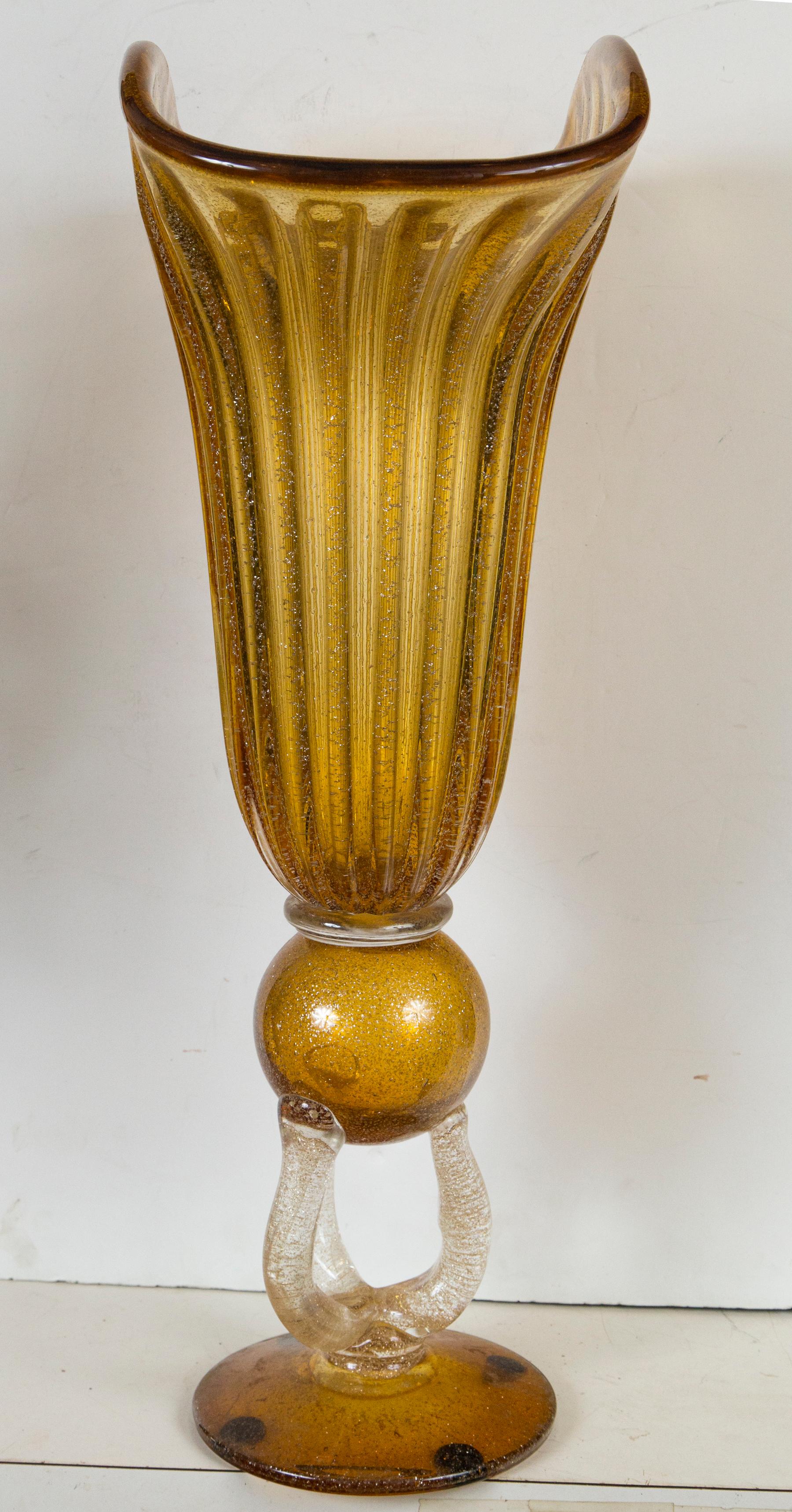 Hand-Crafted Fan Shaped Tall Glass Vase For Sale