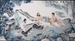 "Jouer de la cithare" Peinture à l'encre de Chine avec texte "Le monde entier est heureux".