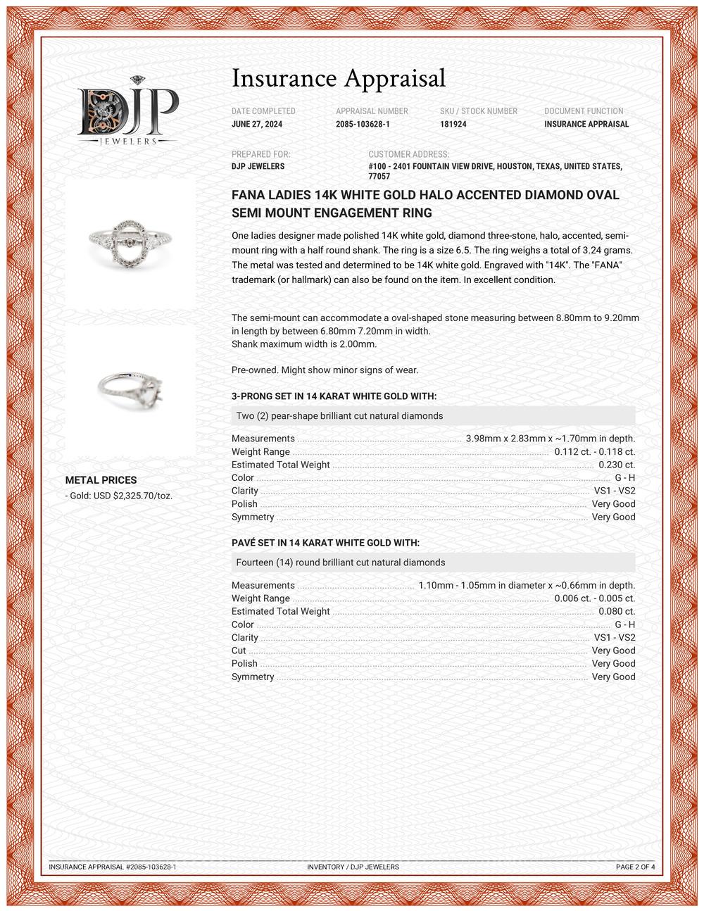 Fana Ladies 14K White Gold Halo Accented Diamond Oval Semi Mount Engagement Ring 3