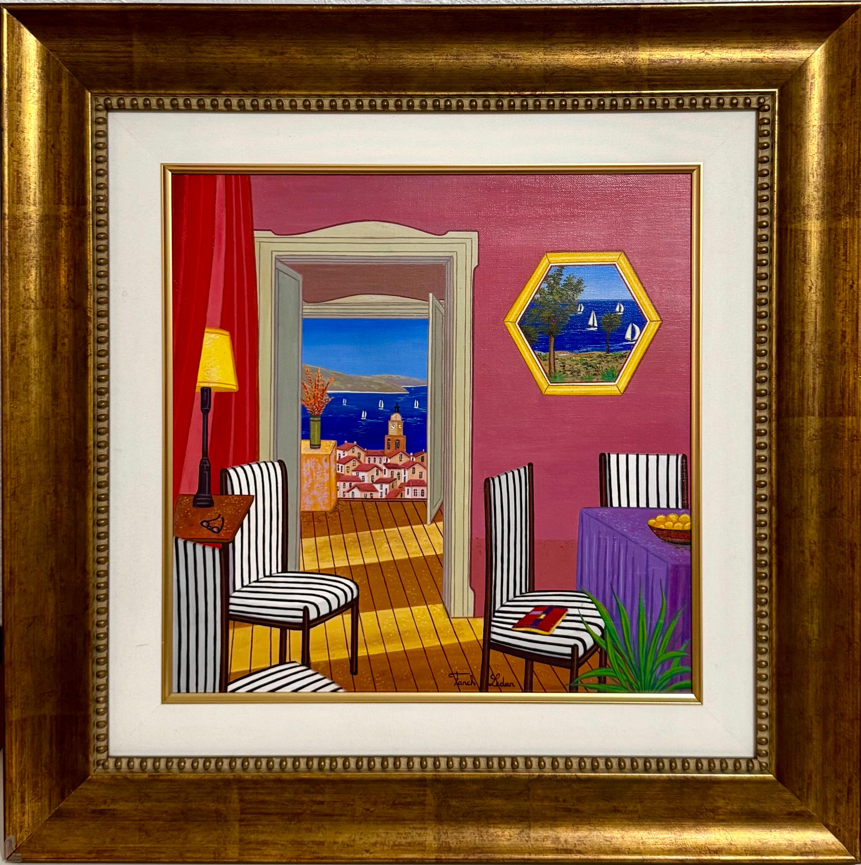 Peinture à l'huile naïve et fantaisiste d'intérieur méditerranéen en bord de mer Fanch Ledan en vente 5