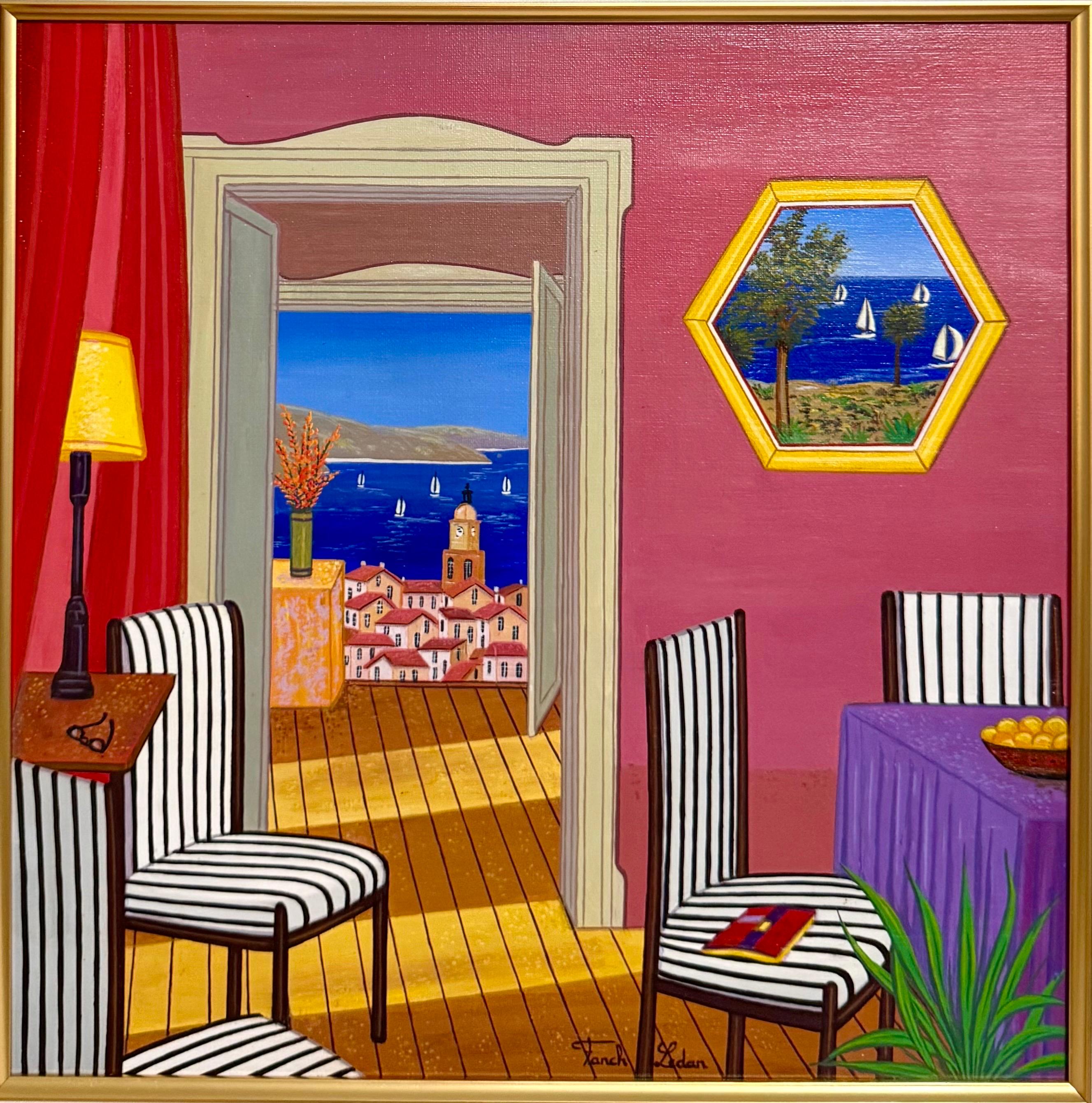 Peinture à l'huile naïve et fantaisiste d'intérieur méditerranéen en bord de mer Fanch Ledan - Painting de Fanch (Francois Ledan)
