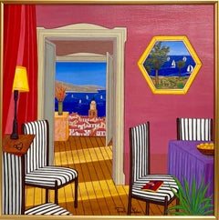 Whimsical Naive Mediterranean Seaside Interior Folk Art Oil Painting Fanch Ledan