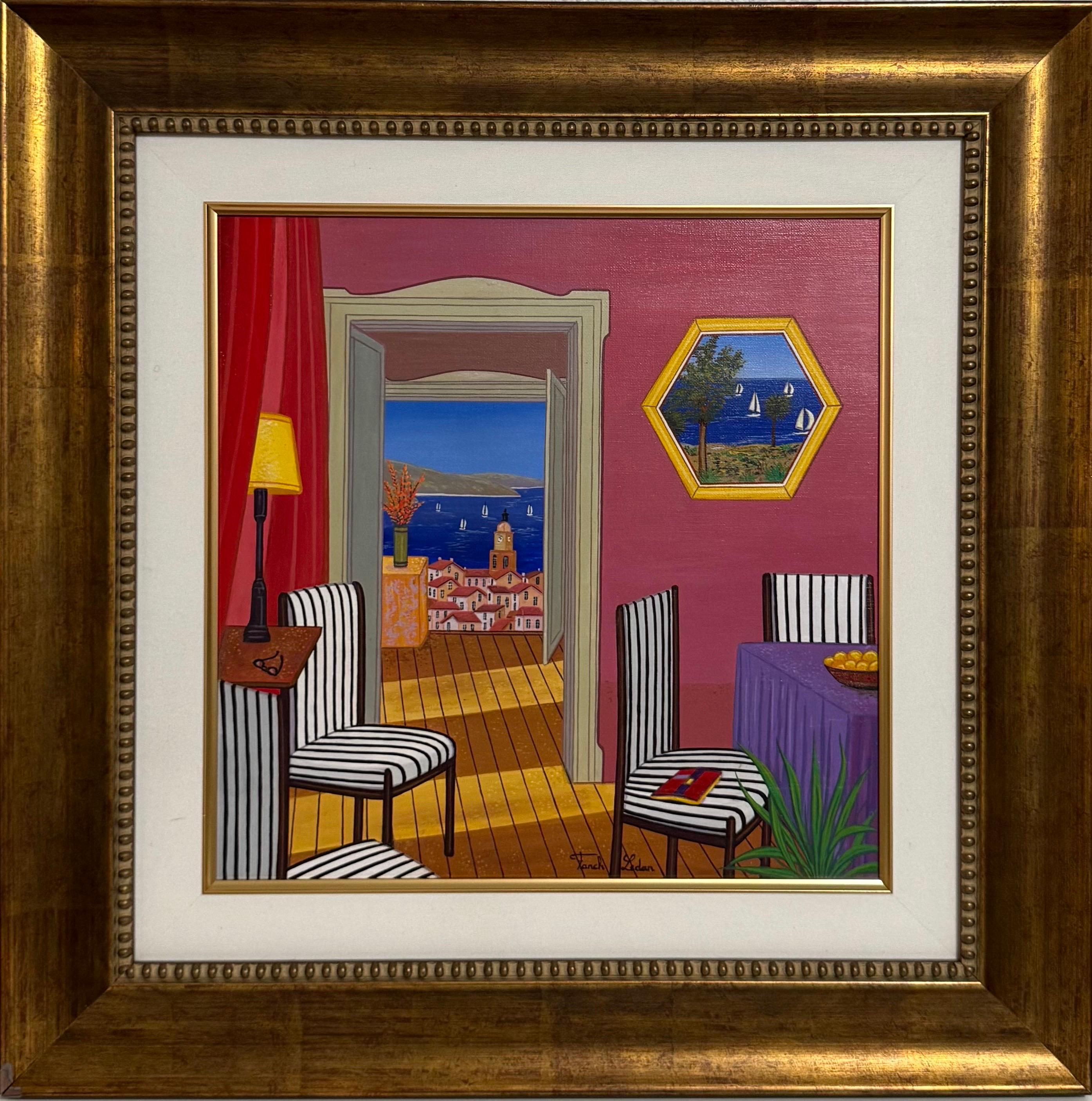 Peinture à l'huile naïve et fantaisiste d'intérieur méditerranéen en bord de mer Fanch Ledan - Artisanat Painting par Fanch (Francois Ledan)