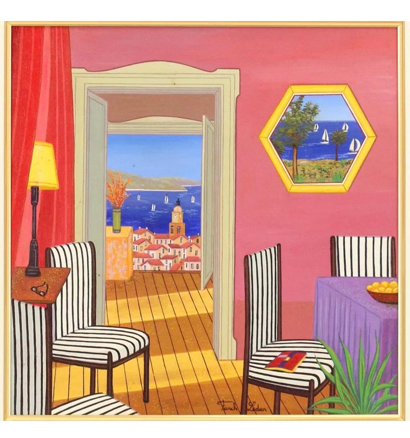 Peinture à l'huile naïve et fantaisiste d'intérieur méditerranéen en bord de mer Fanch Ledan en vente 1