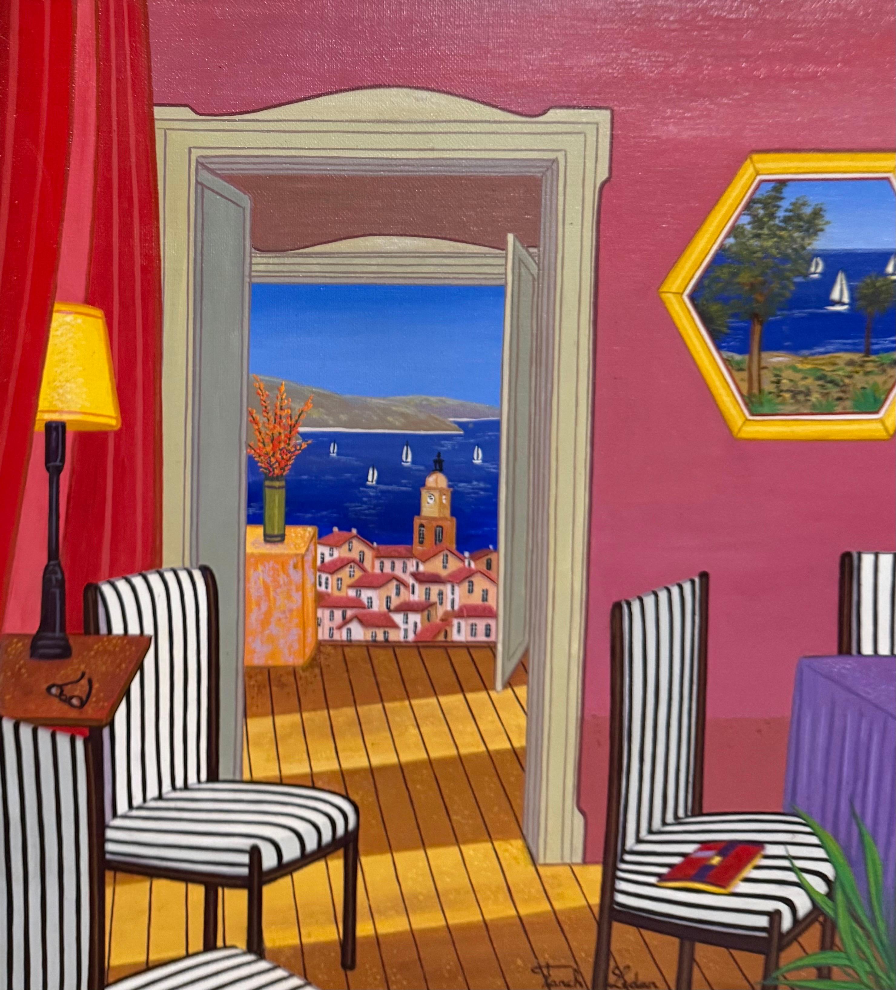 Peinture à l'huile naïve et fantaisiste d'intérieur méditerranéen en bord de mer Fanch Ledan en vente 2