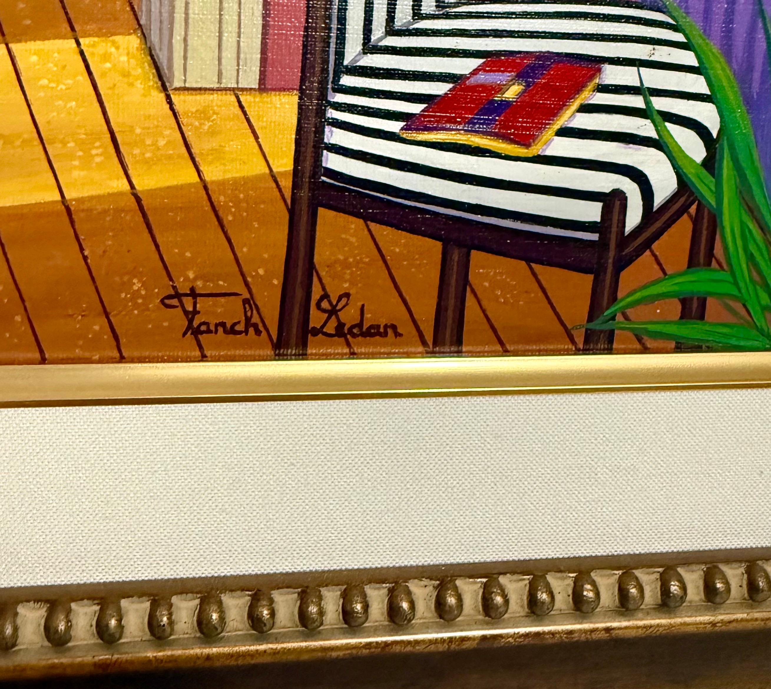 Peinture à l'huile naïve et fantaisiste d'intérieur méditerranéen en bord de mer Fanch Ledan en vente 3