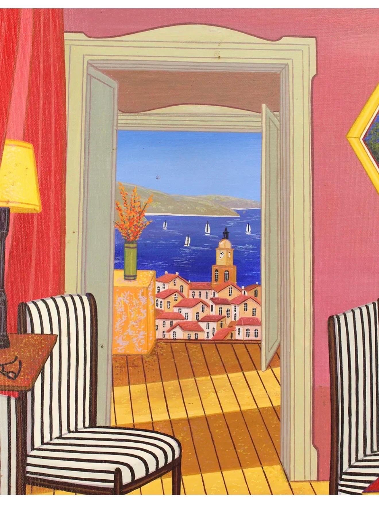 Peinture à l'huile naïve et fantaisiste d'intérieur méditerranéen en bord de mer Fanch Ledan en vente 4