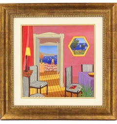Pittura ad olio di Fanch Ledan, un'ingenua pittura mediterranea d'interni in riva al mare.