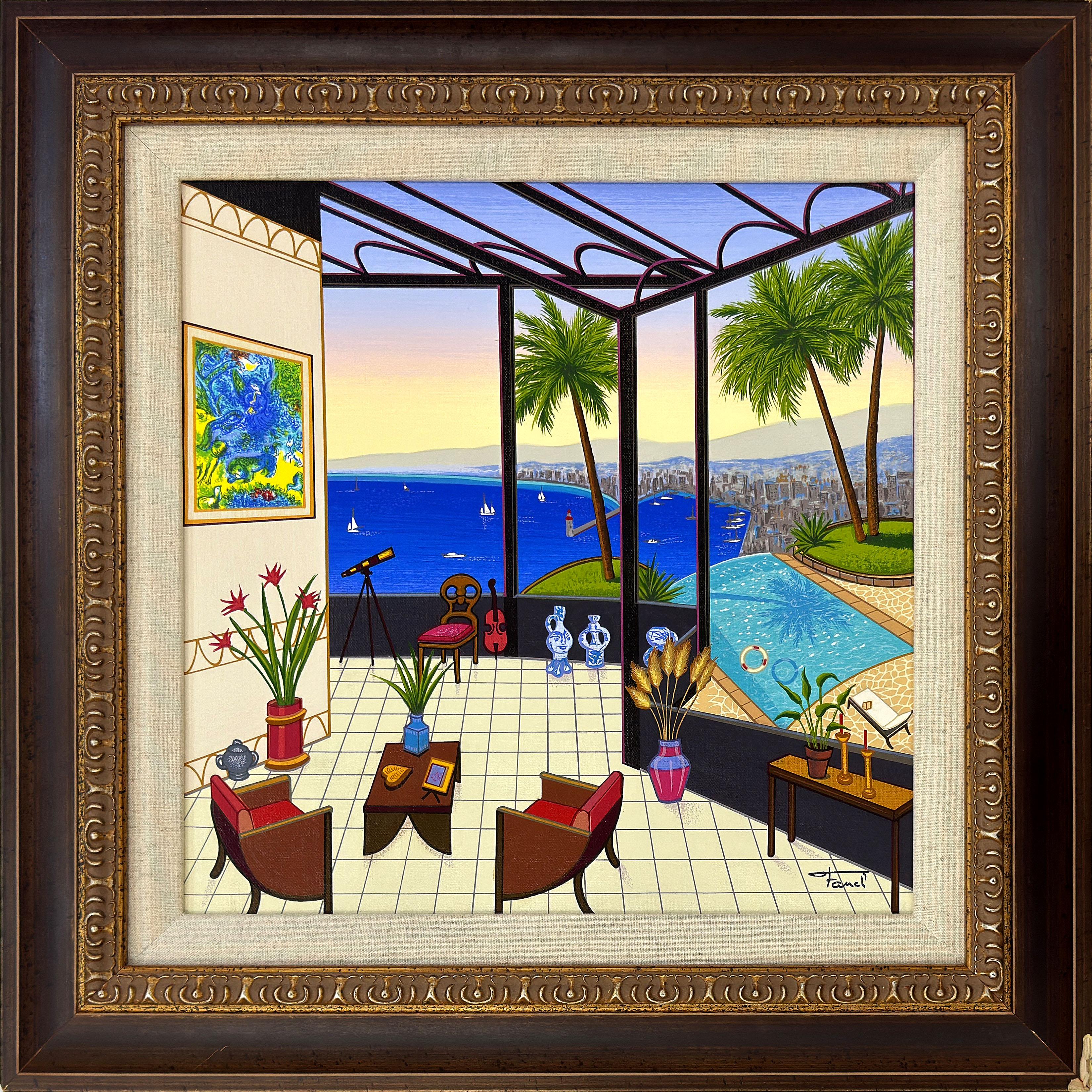 Fanch (Francois Ledan) Landscape Print - Interior With Marc Chagall (hand signed serigraph on canvas)