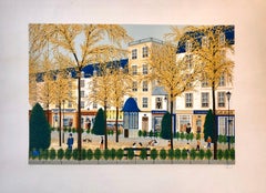 Stravagante scena naif di un parco parigino, litografia di arte popolare