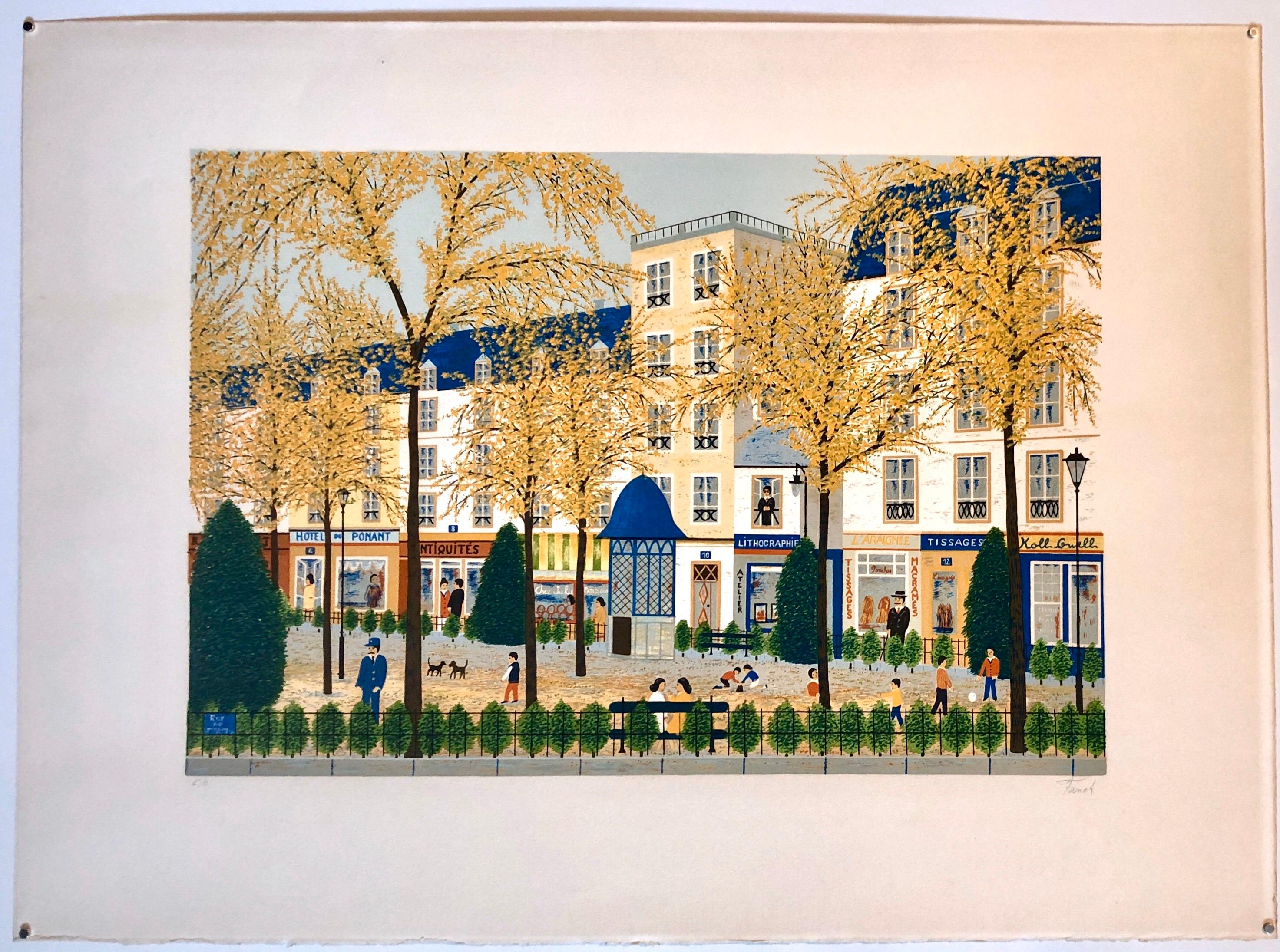 Whimsical Naive Paris Park Scene Folk Art Fanch Lithograph - Beige Figurative Print by Fanch (Francois Ledan)