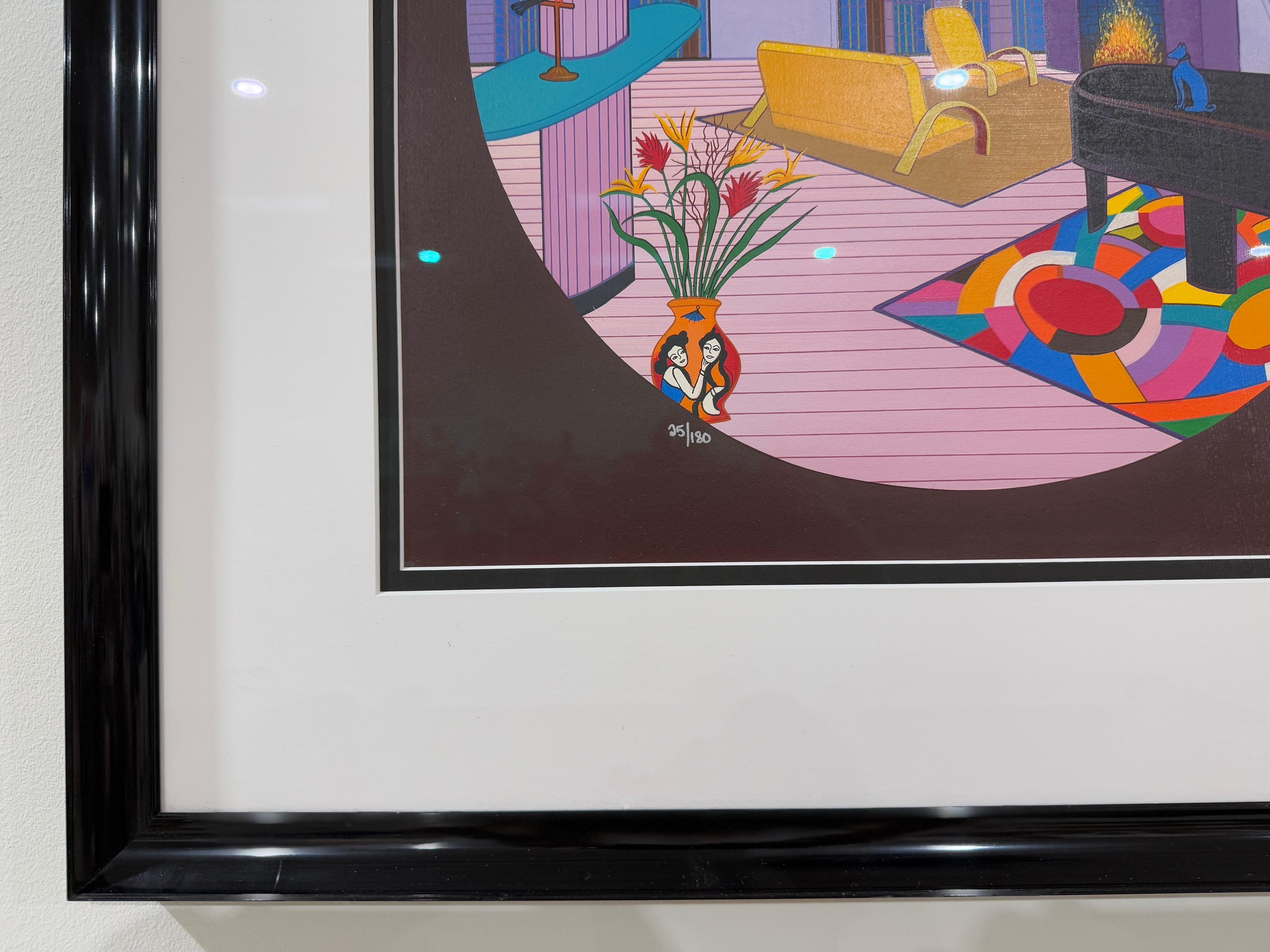 Framed Fanch (Francois) Ledan (California/France b.1949) limited edition serigraph on canvas depicting a modern penthouse interior with a grand piano, a cat and a Miro painting on the wall, pen signed l.r. 