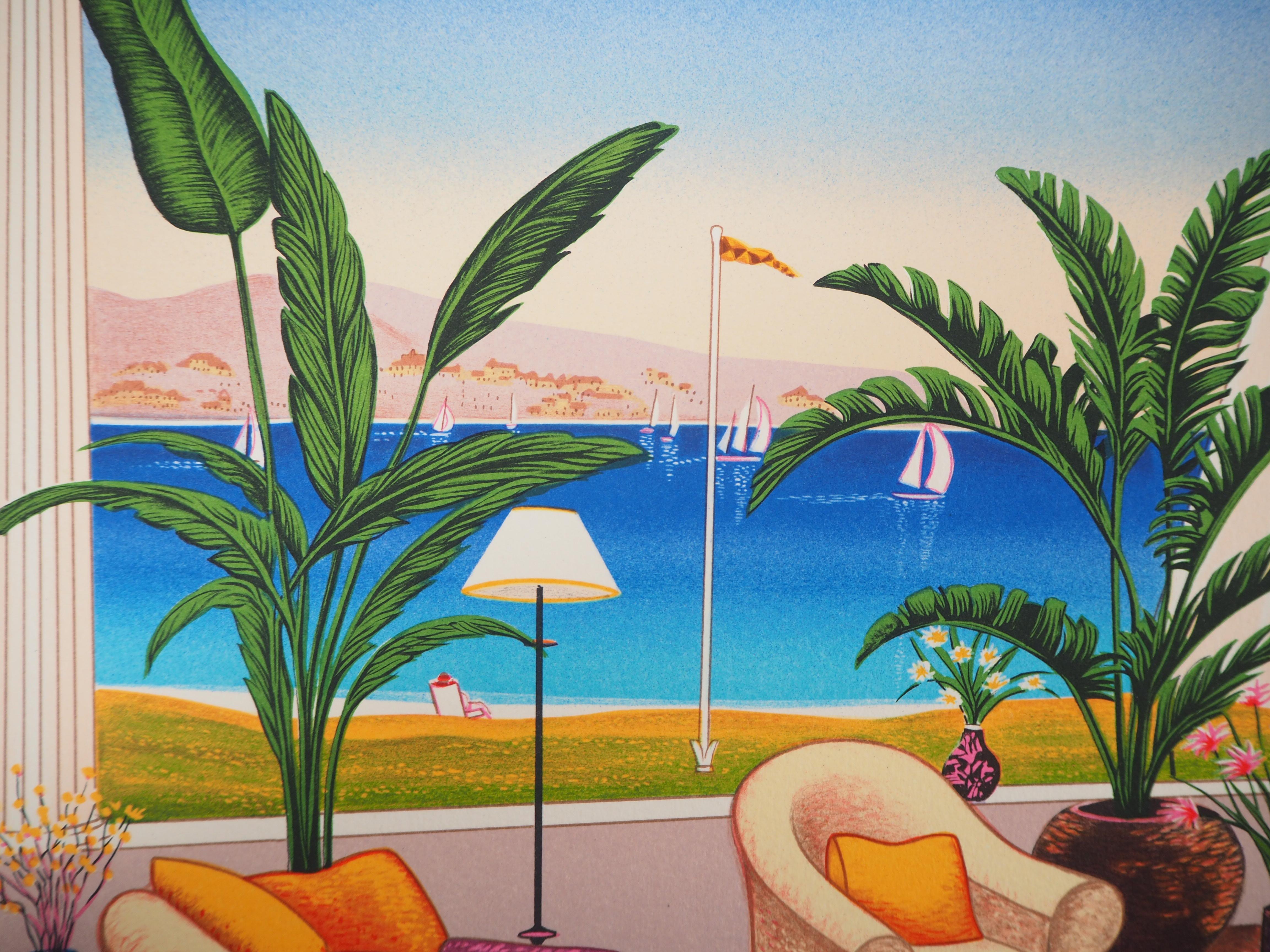 Exclusive Terrace on Gulf of Saint Tropez - Original lithograph - Modern Print by Fanch (Francois Ledan)