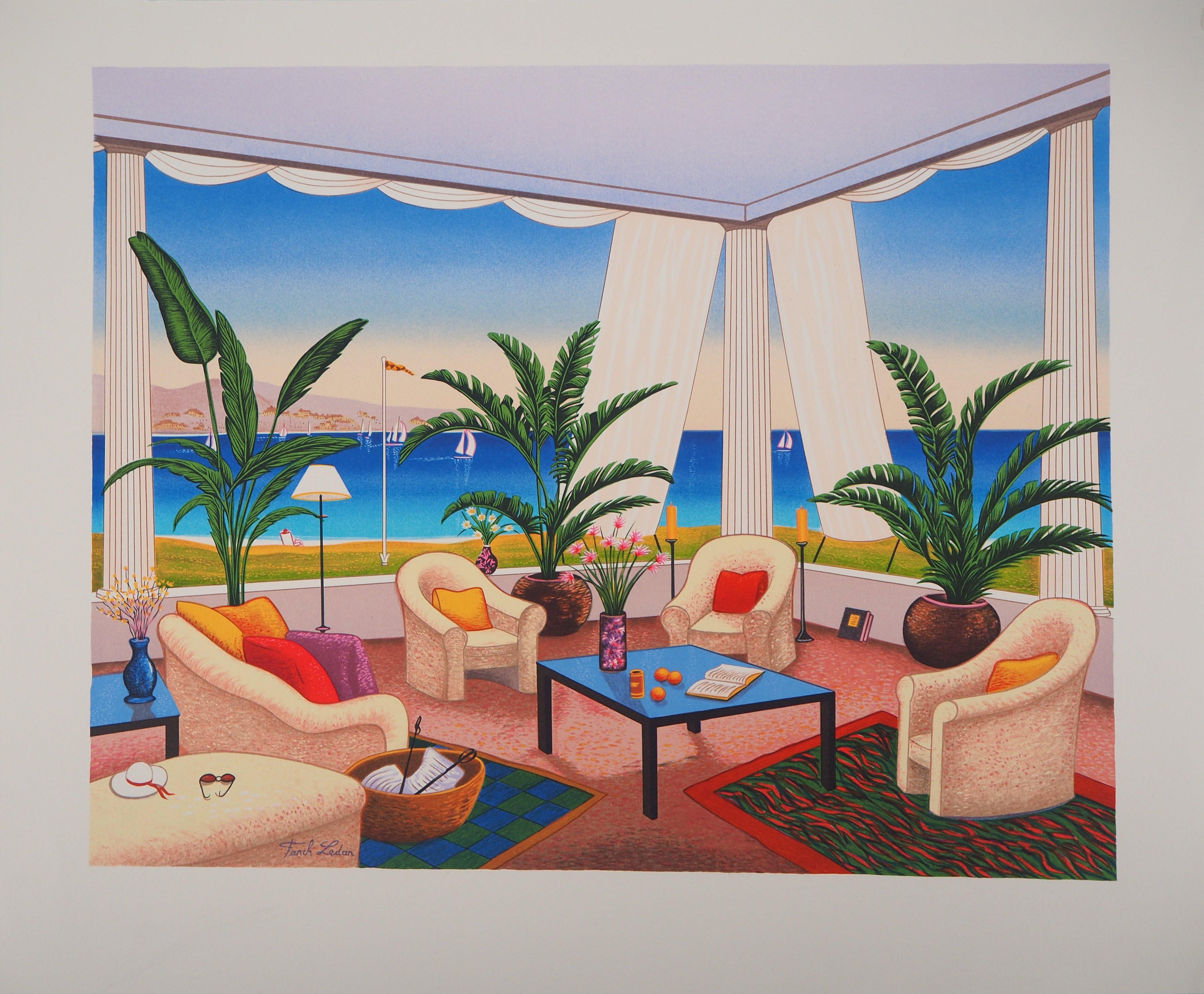 Fanch (Francois Ledan) Interior Print - Exclusive Terrace on Gulf of Saint Tropez - Original lithograph