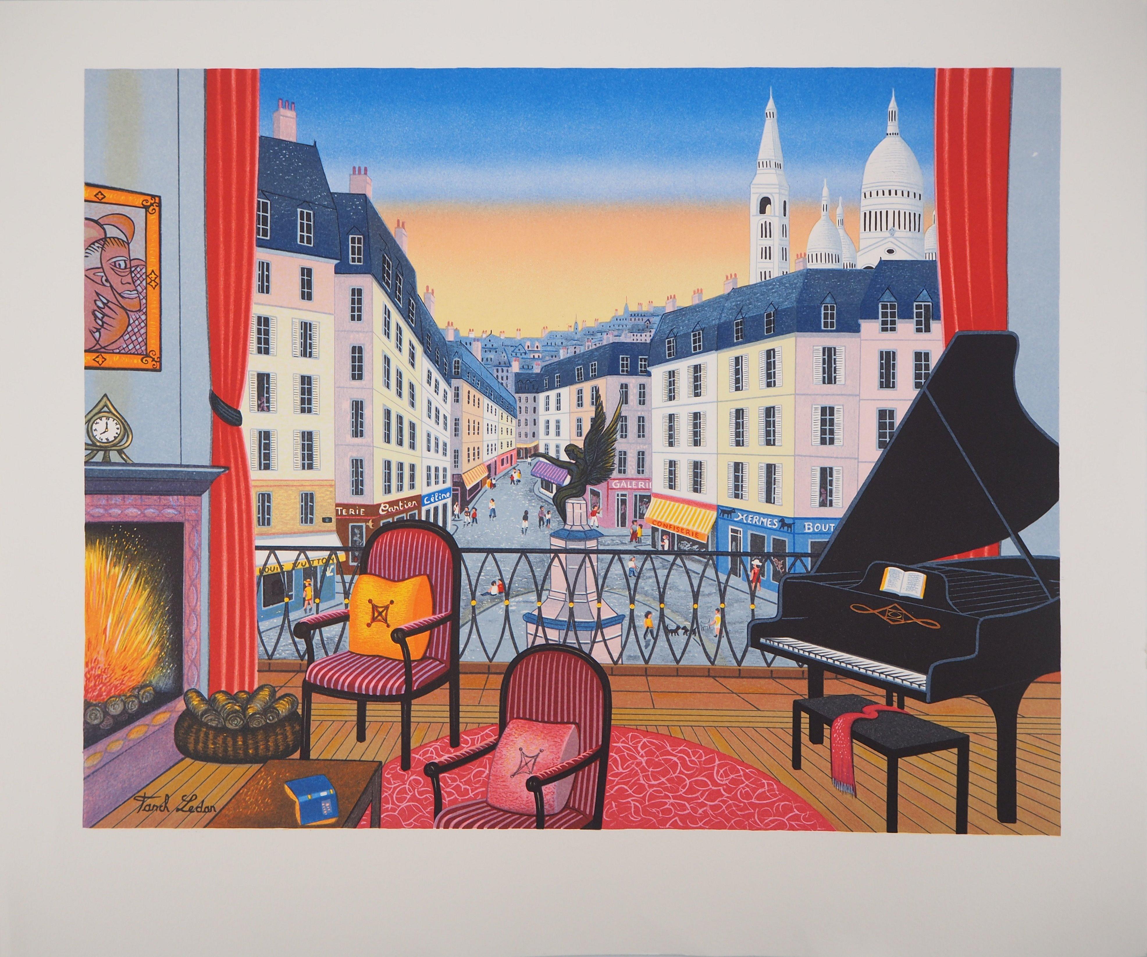 Fanch (Francois Ledan) Interior Print - Paris : Elegant Apartment with View on Montmartre - Original lithograph