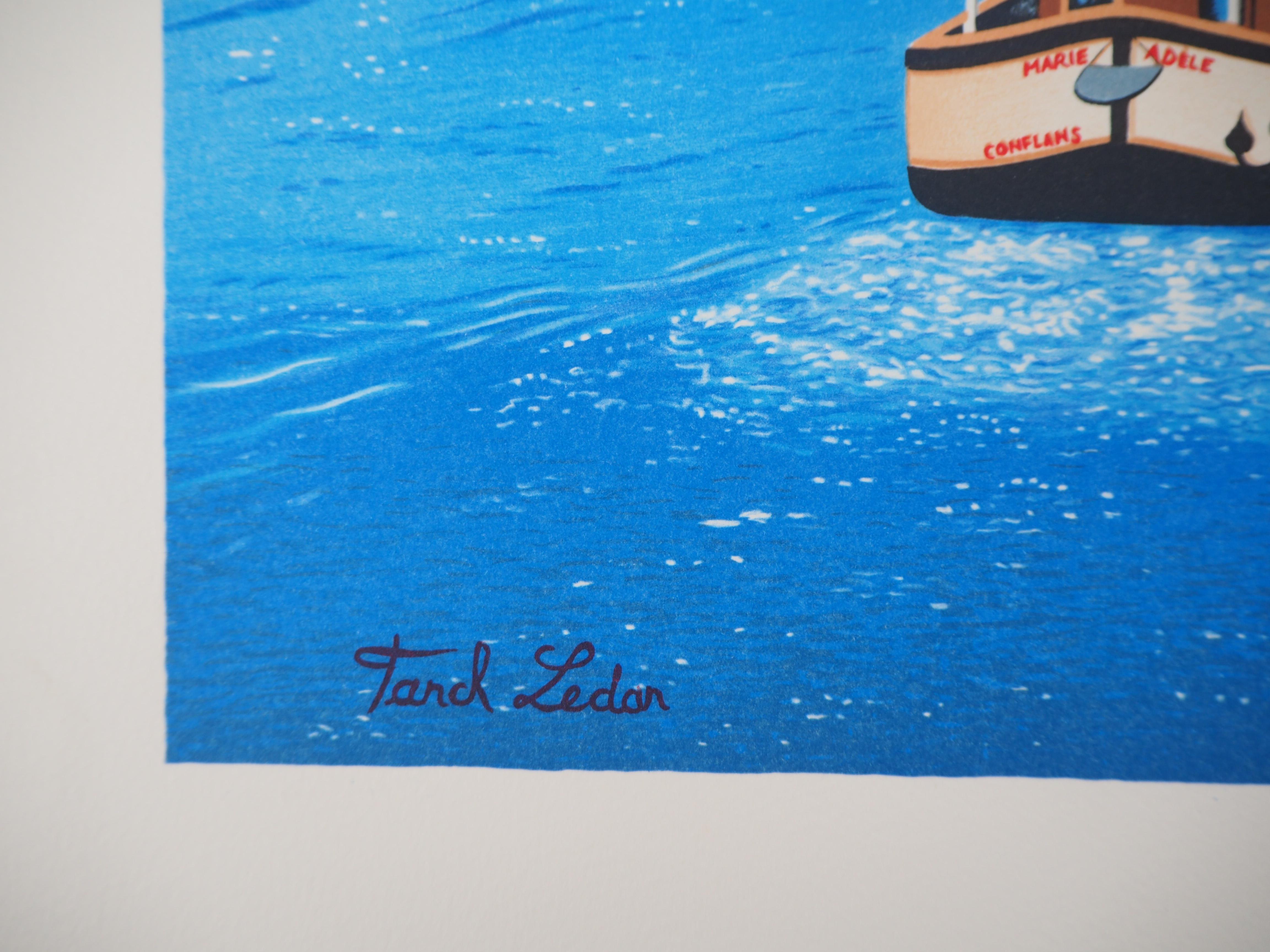Parigi, Ile Saint Louis : Senna, barche e Notre Dame - Litografia originale - Print di Fanch (Francois Ledan)