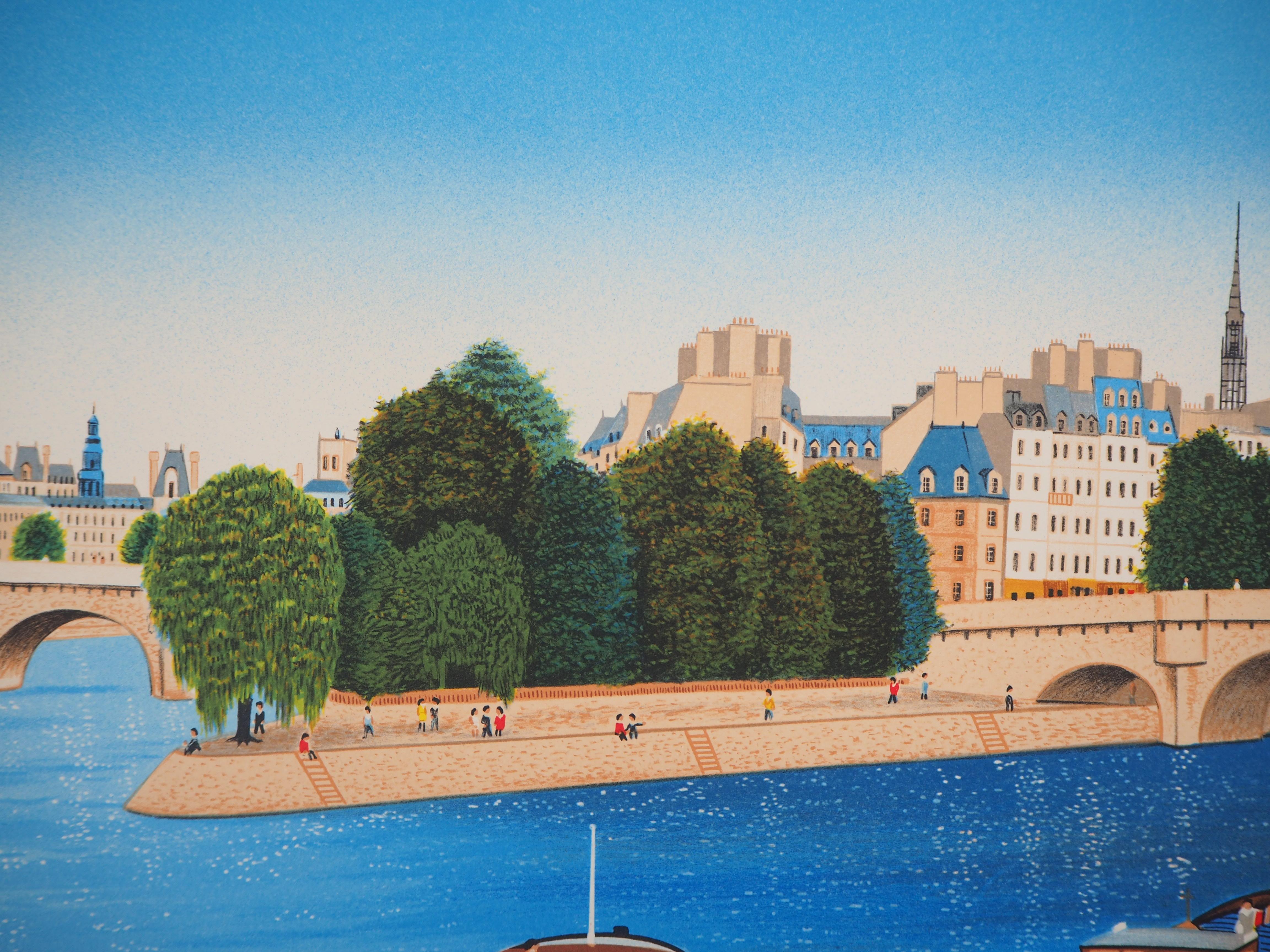 Paris, Ile Saint Louis : Seine River, Boats and Notre Dame - Original lithograph - Modern Print by Fanch (Francois Ledan)