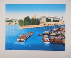 Paris, Ile Saint Louis : Le fleuve Seine, les bateaux et Notre Dame - Lithographie originale