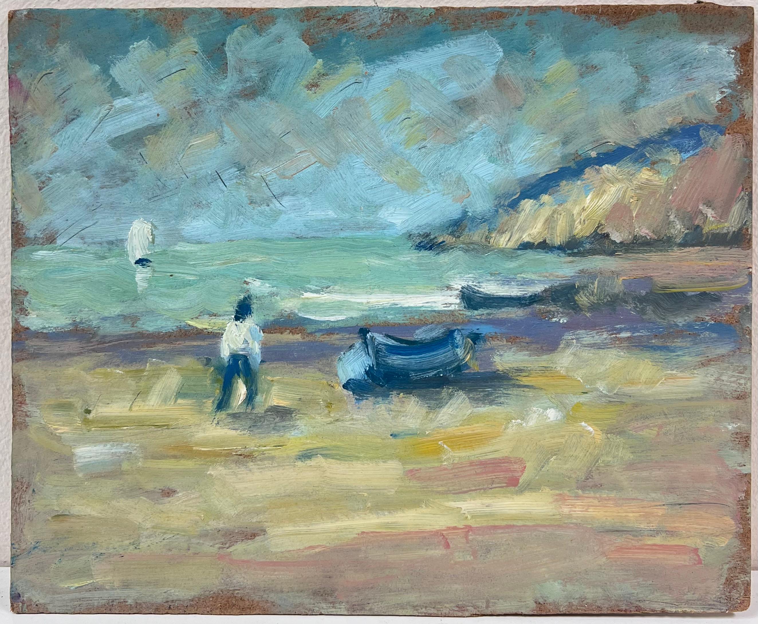 Una figura solitaria e delle barche sulle onde di una costa calma Olio francese - Painting di Fanch Lel
