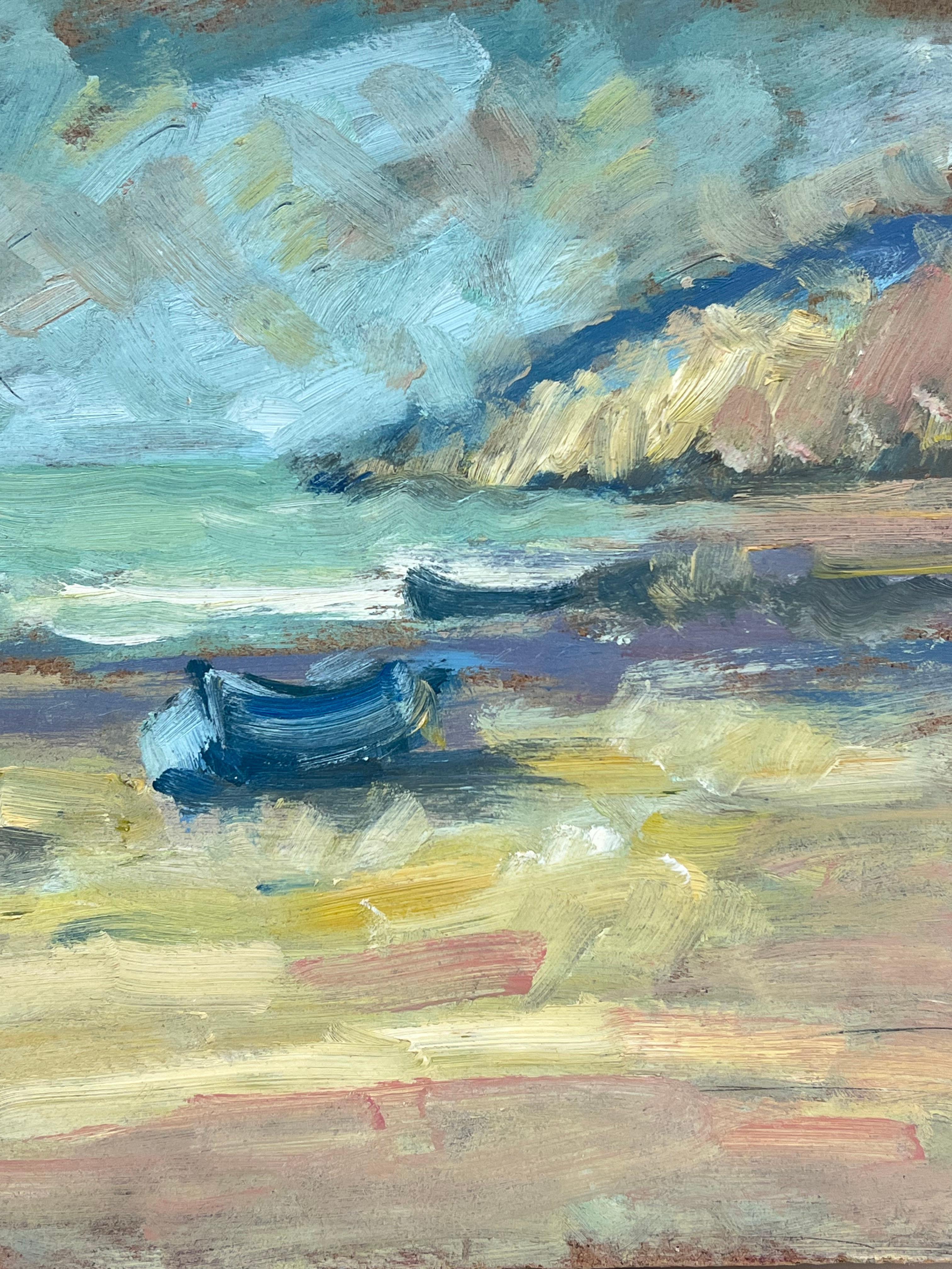 Una figura solitaria e delle barche sulle onde di una costa calma Olio francese - Painting Impressionismo di Fanch Lel