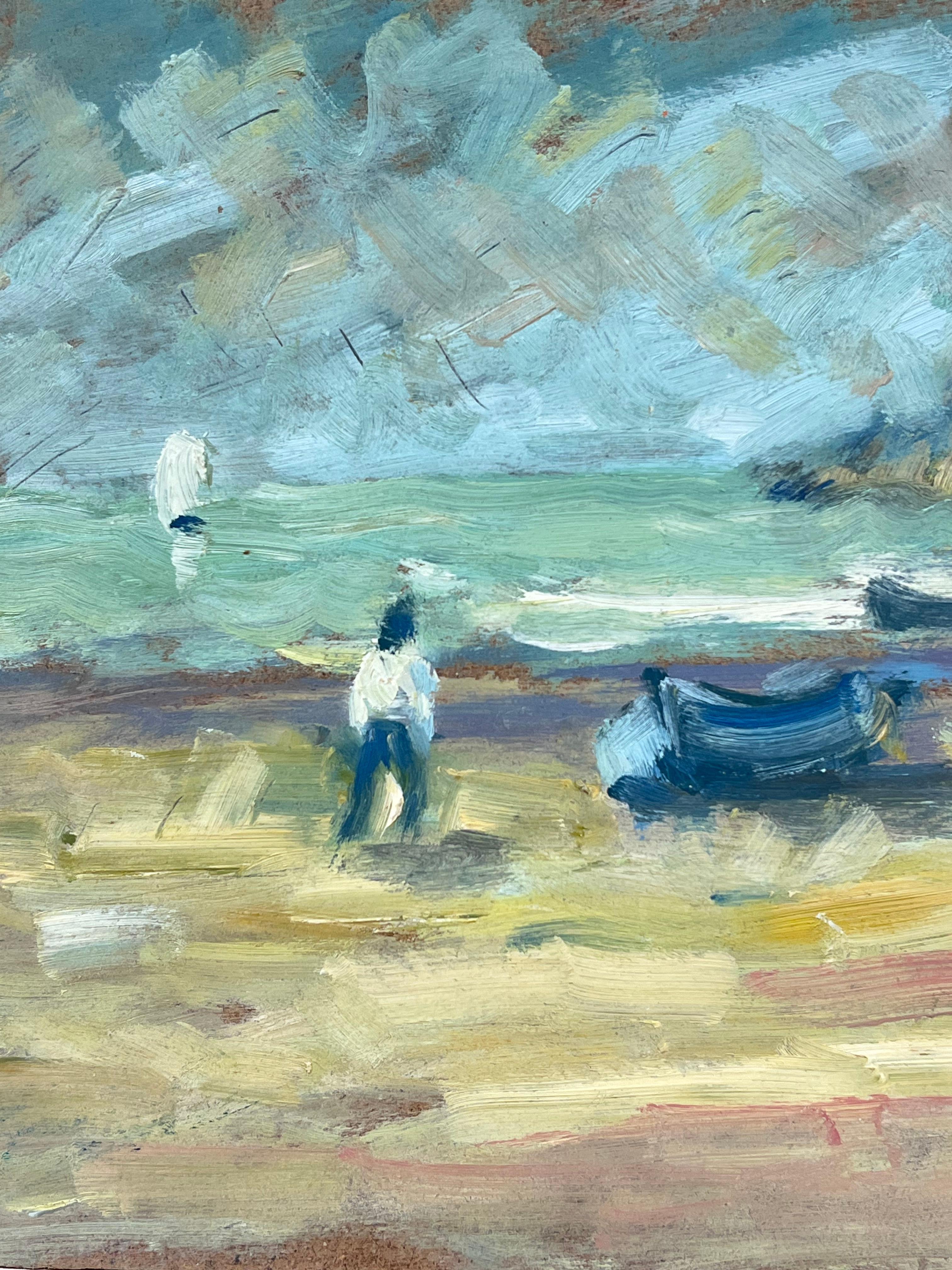 Una figura solitaria e delle barche sulle onde di una costa calma Olio francese - Landscape Painting Grigio di Fanch Lel