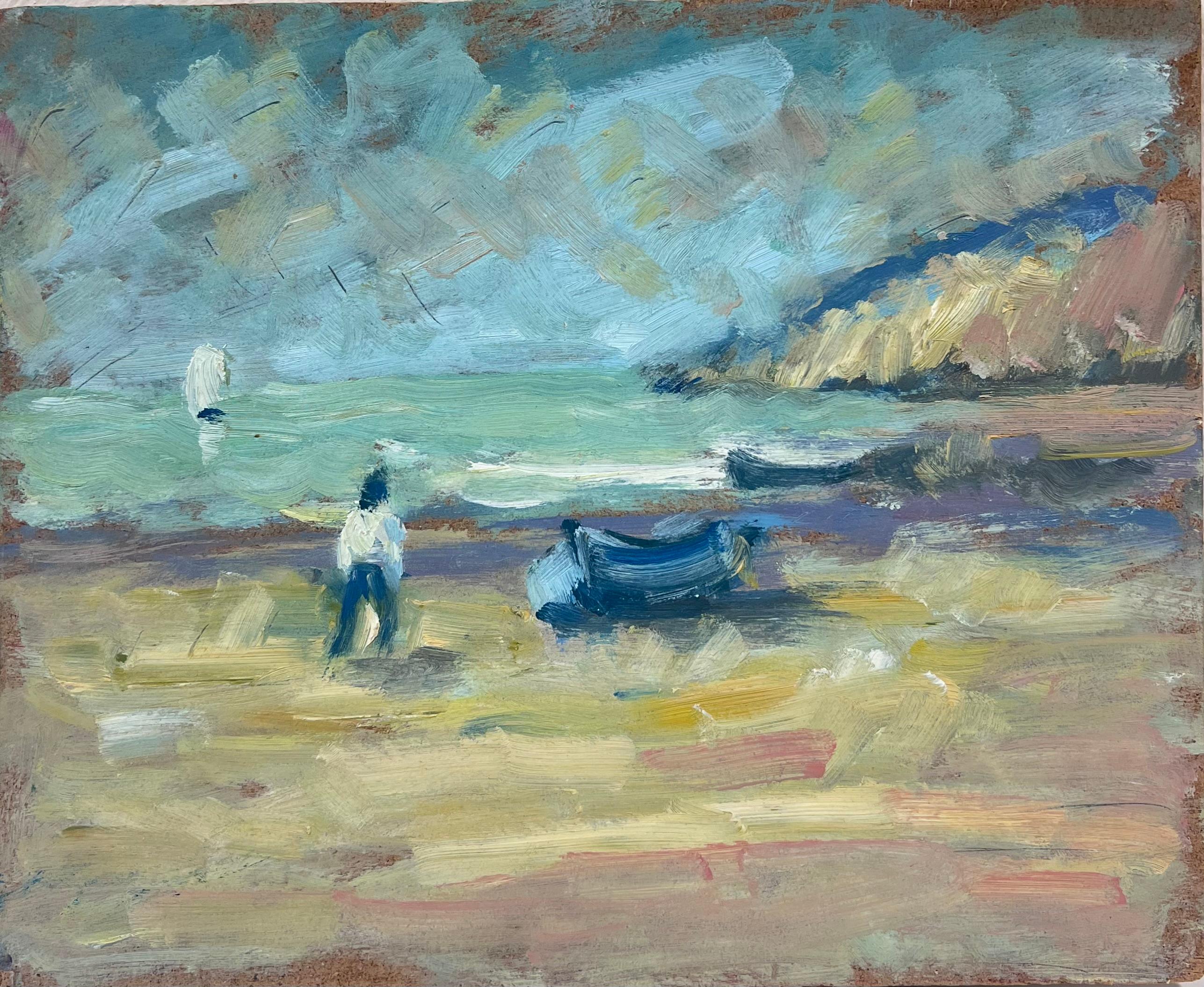 Landscape Painting di Fanch Lel - Una figura solitaria e delle barche sulle onde di una costa calma Olio francese