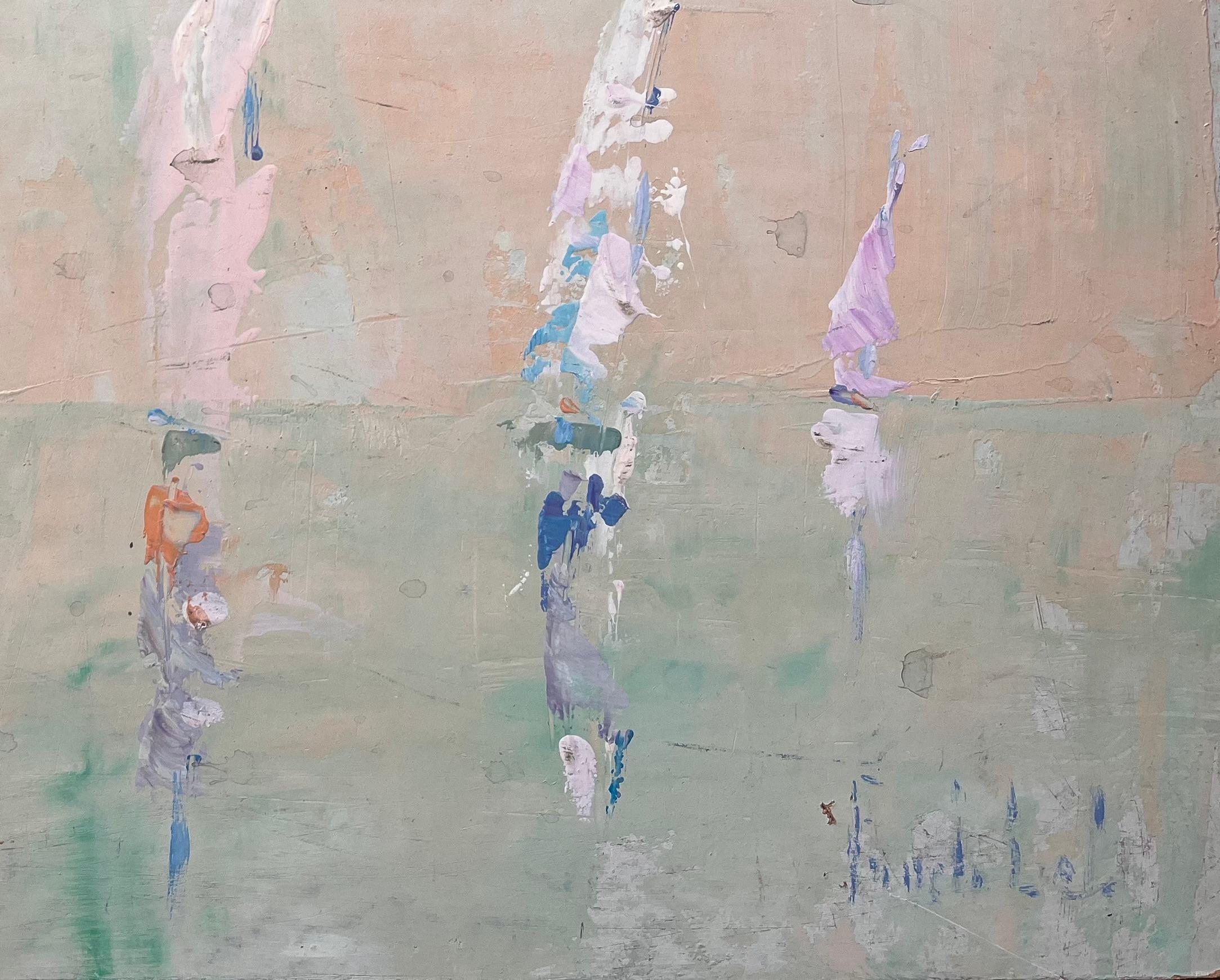 Título: Escena abstracta de regata al pastel con veleros en aguas tranquilas 
Por Fanch Lel
Firmado: Sí
Tamaño: 13 x 16,25 pulgadas (alto x ancho)
Óleo sobre tabla, sin enmarcar
Estado de conservación: El cuadro está en buen estado.
Procedencia: