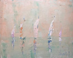 Abstract Pastel Regatta Scene with Sailboats on Calm Water