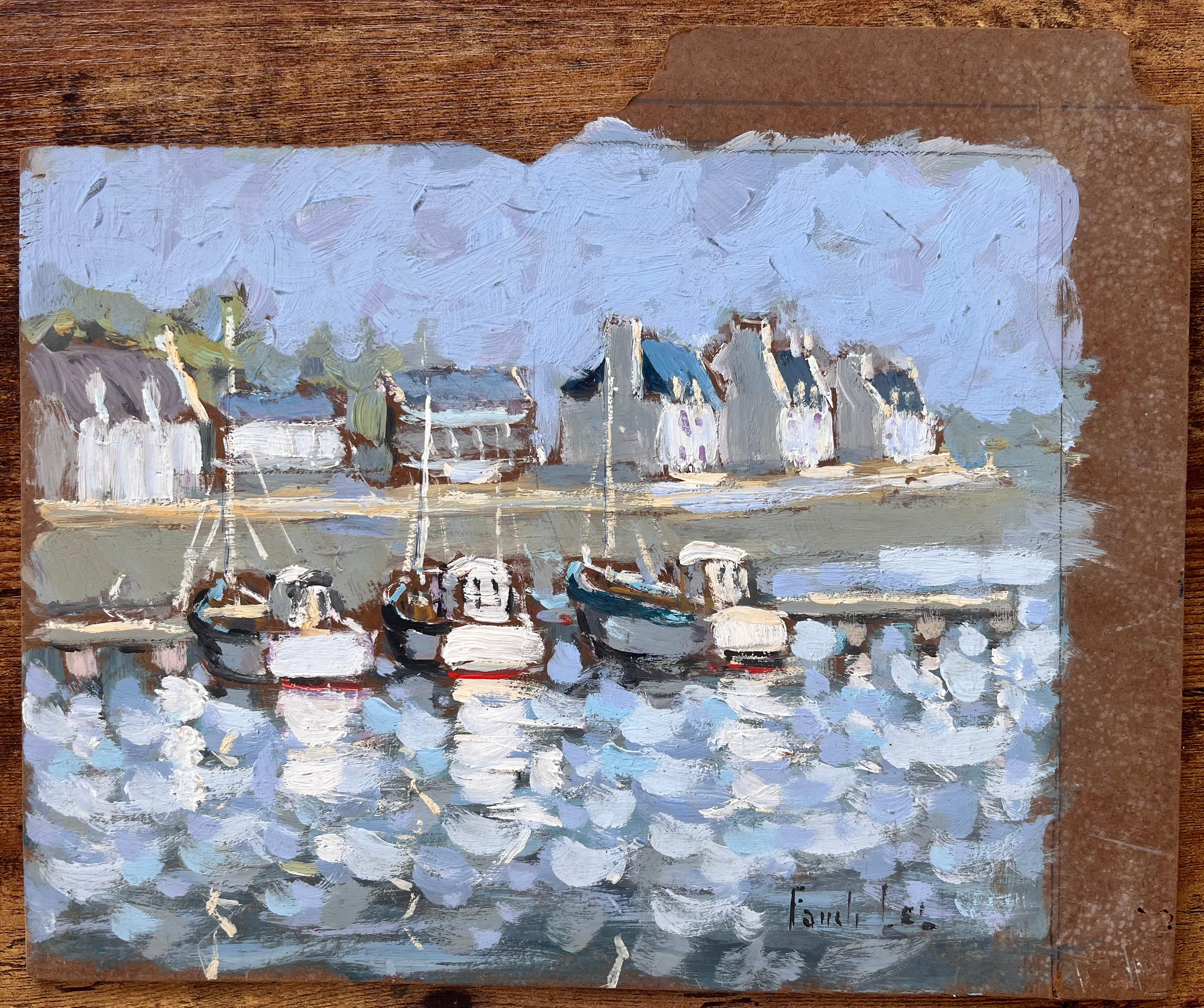 Quadro impressionista francese Audierne con barche e riflessi del porto - Painting di Fanch Lel