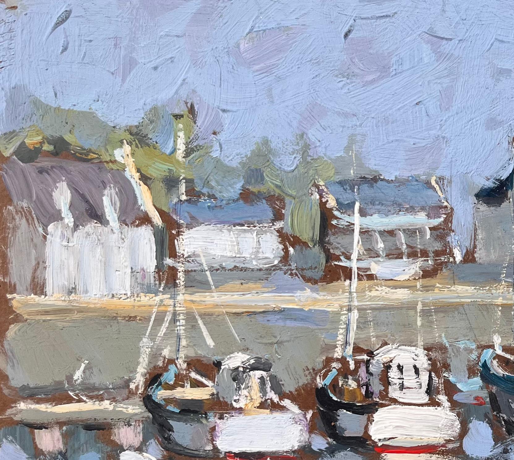 Quadro impressionista francese Audierne con barche e riflessi del porto - Painting Impressionismo di Fanch Lel