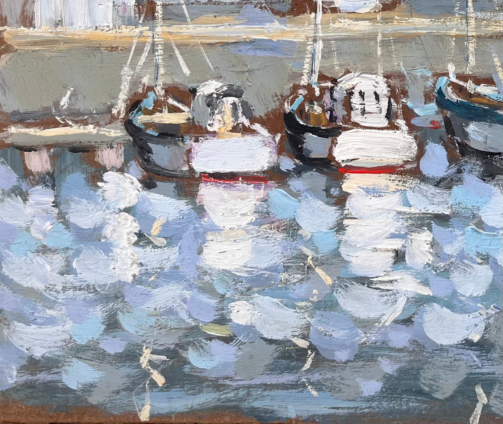 Quadro impressionista francese Audierne con barche e riflessi del porto - Interior Painting Grigio di Fanch Lel