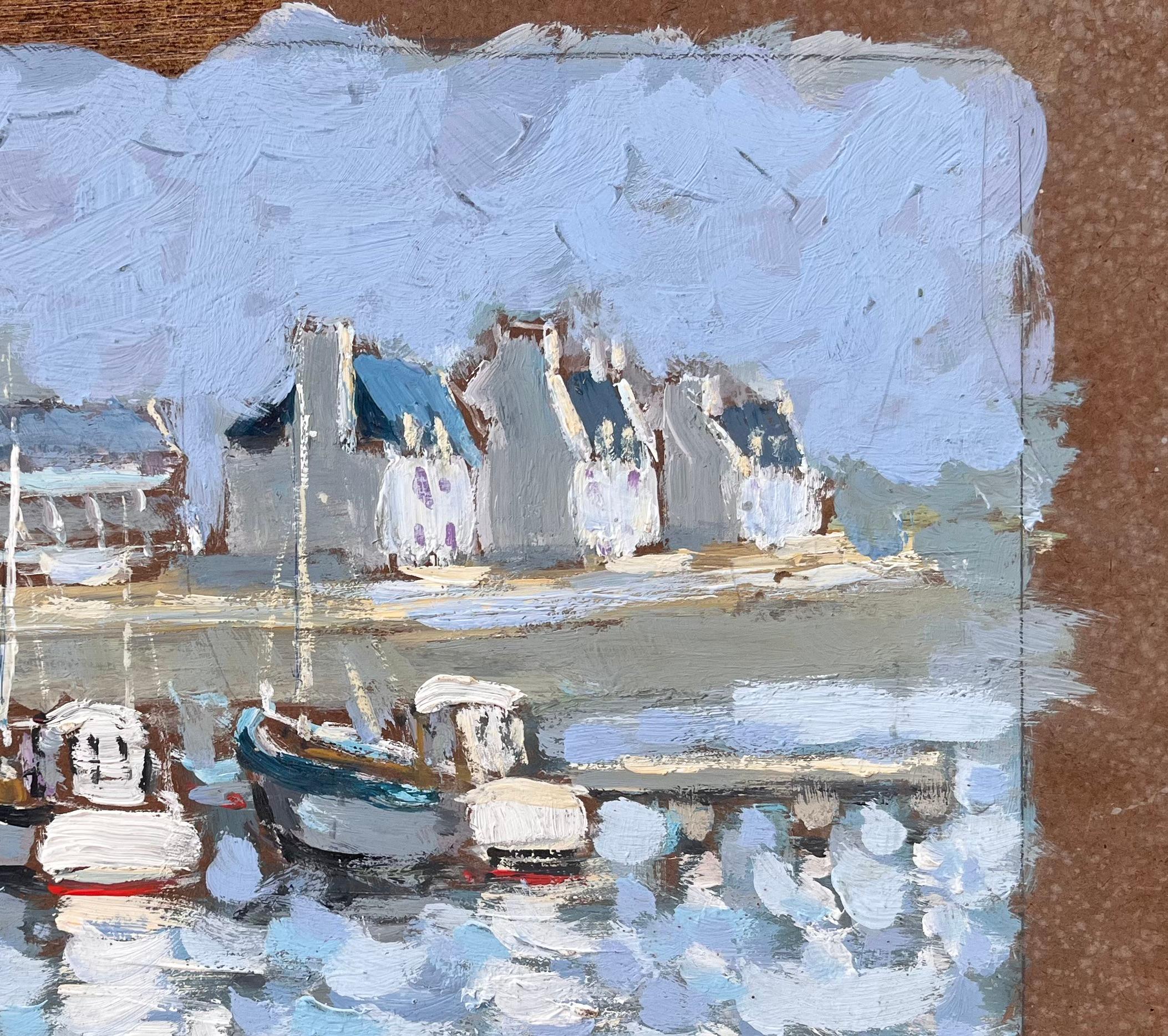 Quadro impressionista francese Audierne con barche e riflessi del porto in vendita 1