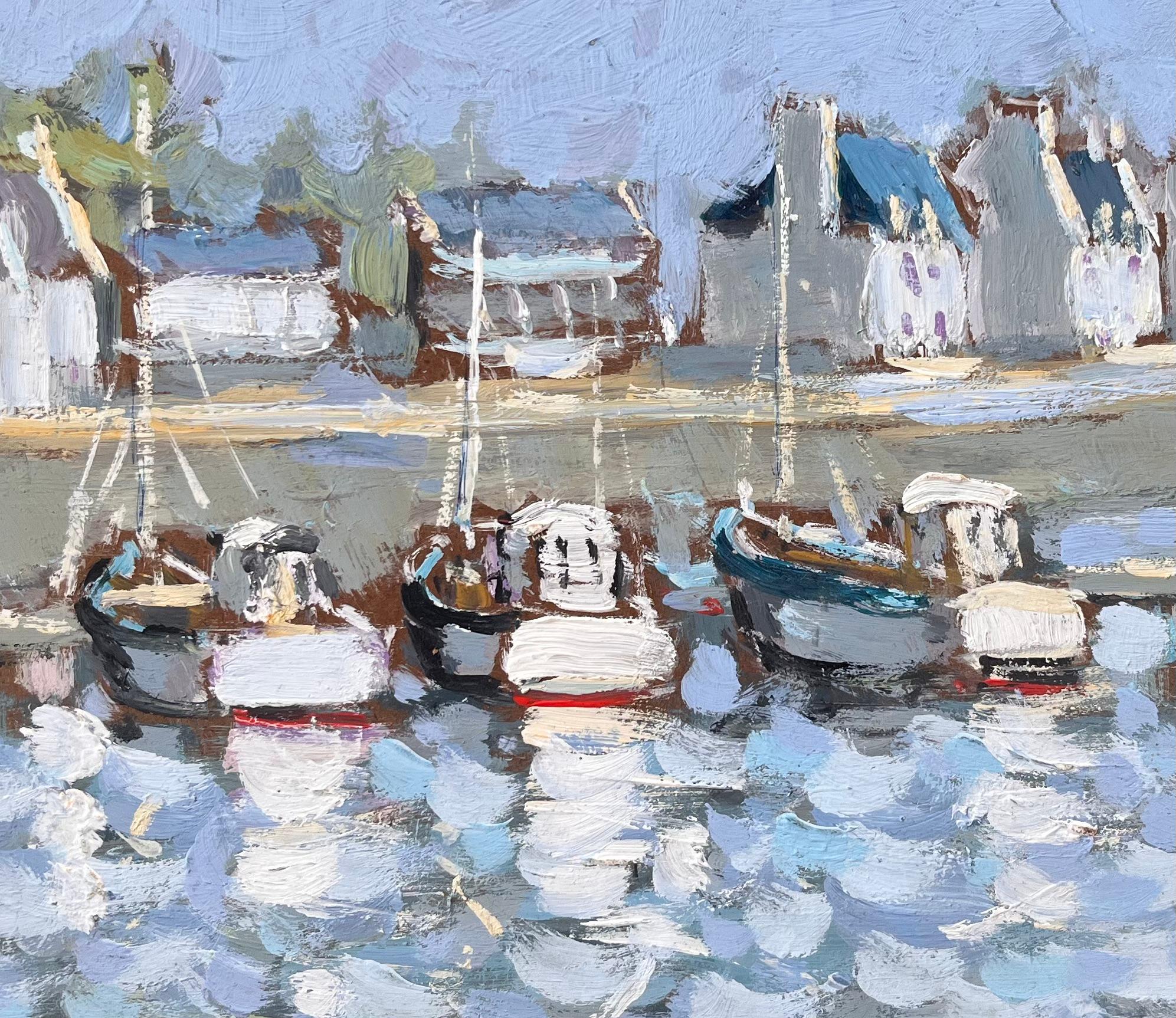 Quadro impressionista francese Audierne con barche e riflessi del porto in vendita 2