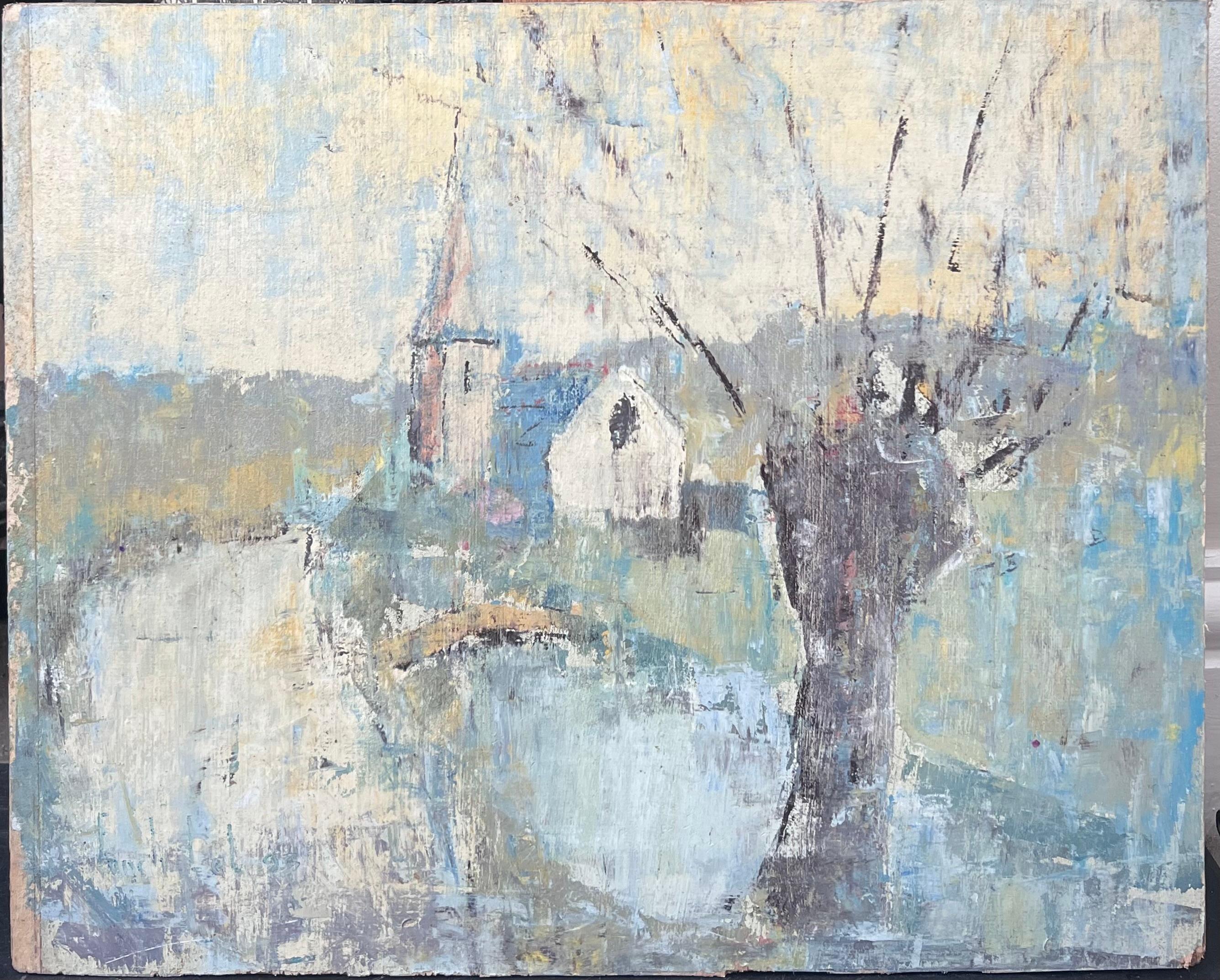 Arbre dénudé et hivernal dans une rivière bleue Church's Paysage Peinture à l'huile française - Painting de Fanch Lel