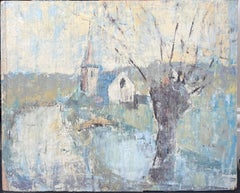 Árbol desnudo de invierno en paisaje de iglesia de río azul Pintura al óleo francesa