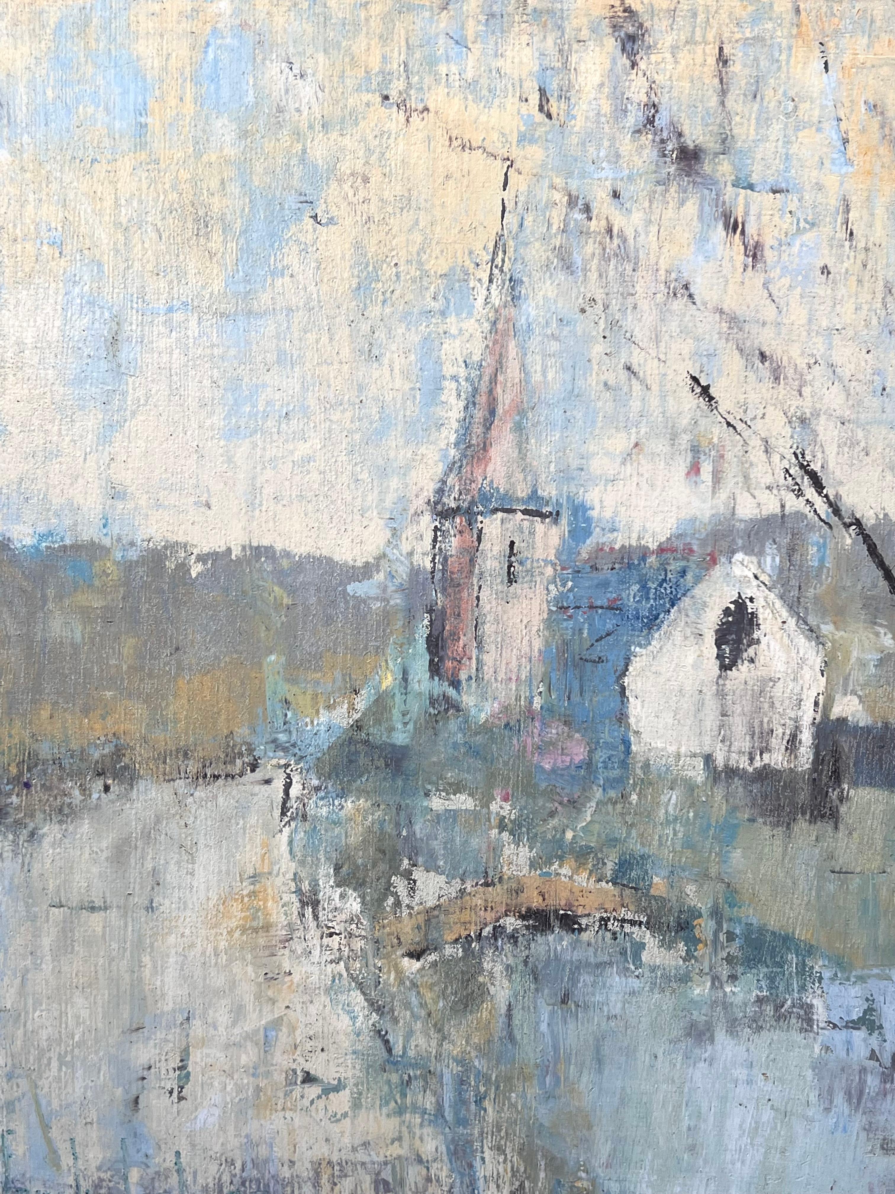 Arbre dénudé et hivernal dans une rivière bleue Church's Paysage Peinture à l'huile française - Impressionnisme Painting par Fanch Lel