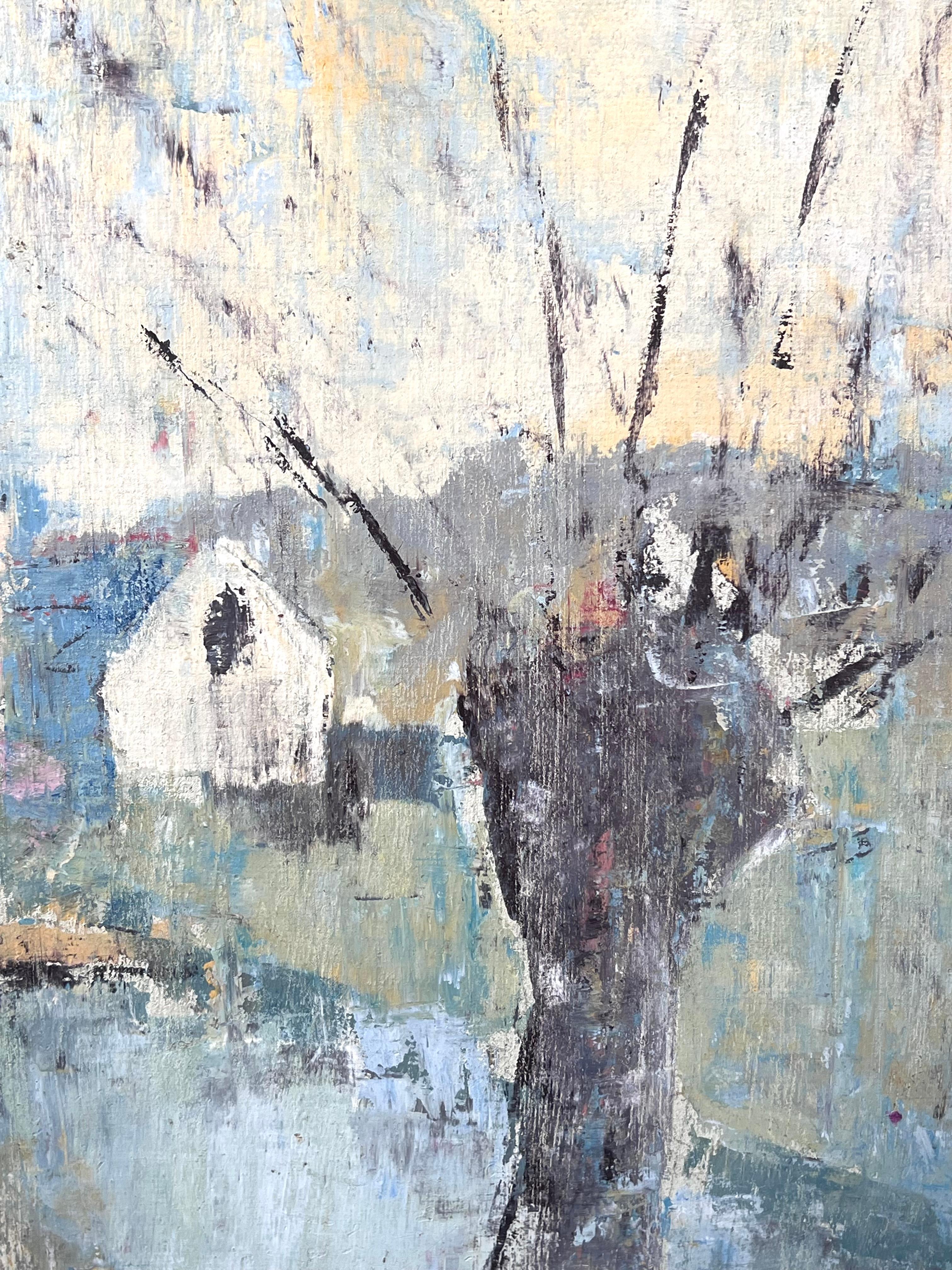 Arbre dénudé et hivernal dans une rivière bleue Church's Paysage Peinture à l'huile française - Gris Landscape Painting par Fanch Lel