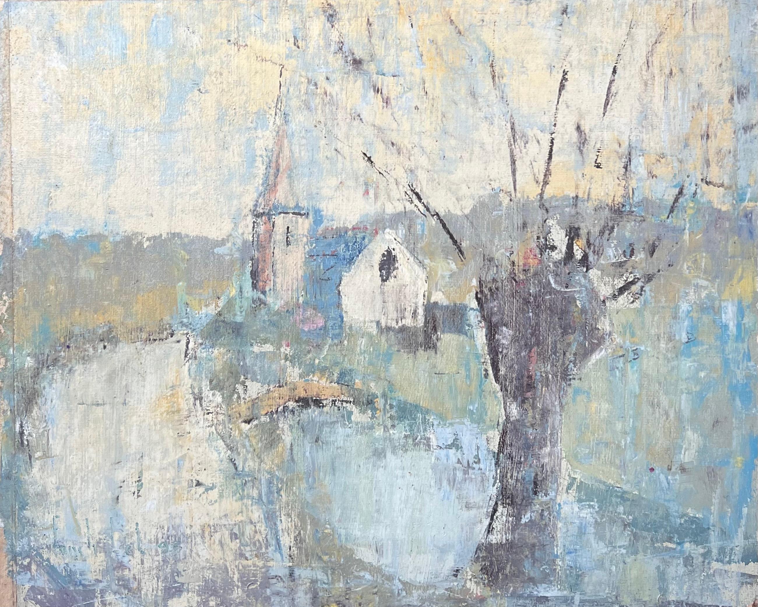 Bare Winterbaum in Blue River Church Landscape, Französisches Ölgemälde