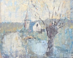 Bare Winter Tree in Blue River Church Landscape French Oil Painting