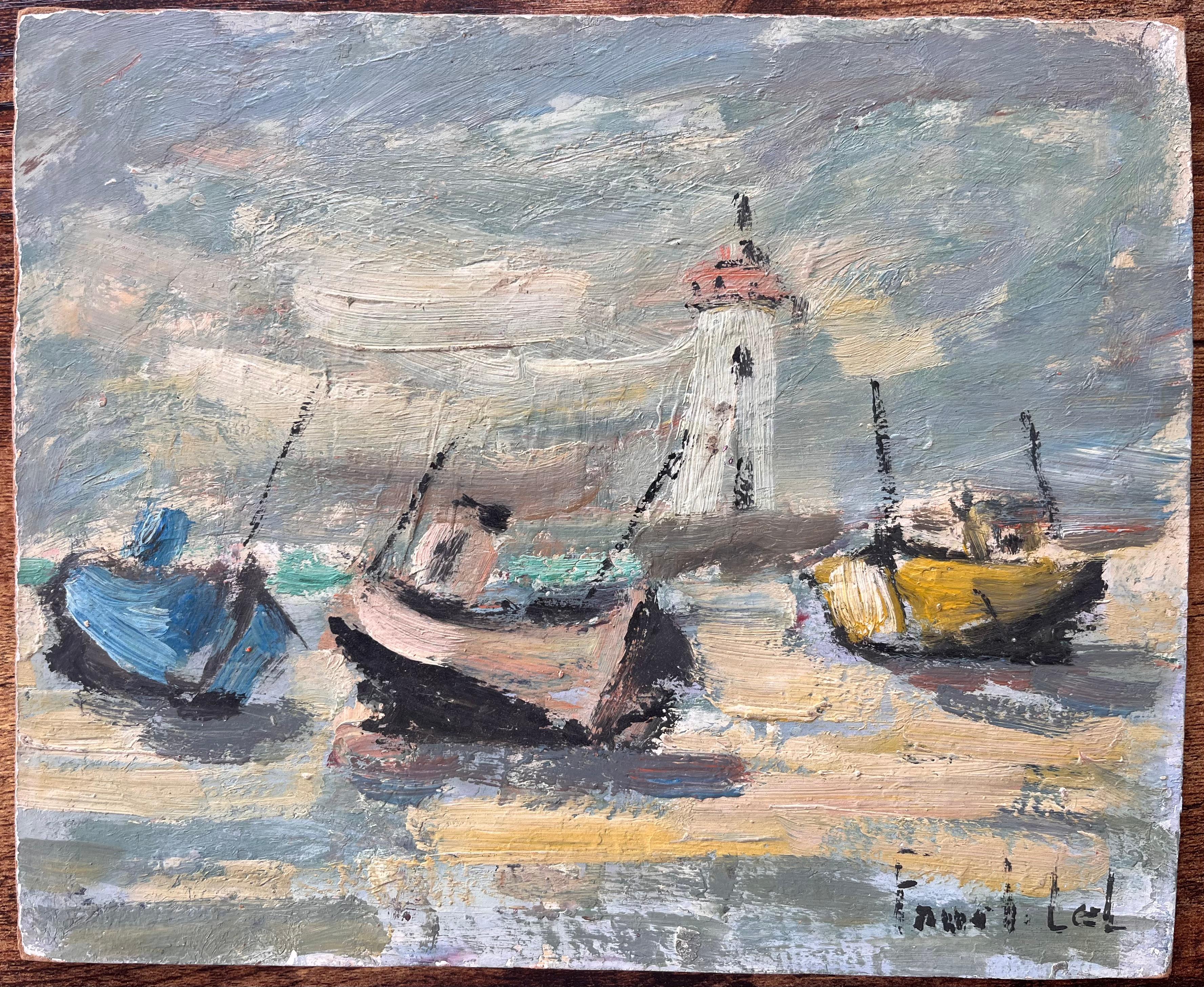 Peinture à l'huile française de la côte des Bateaux avec des bateaux et un phare - Painting de Fanch Lel