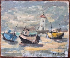 Bateaux Französisches Coastal-Ölgemälde mit Booten und Leuchtturm, Bateaux