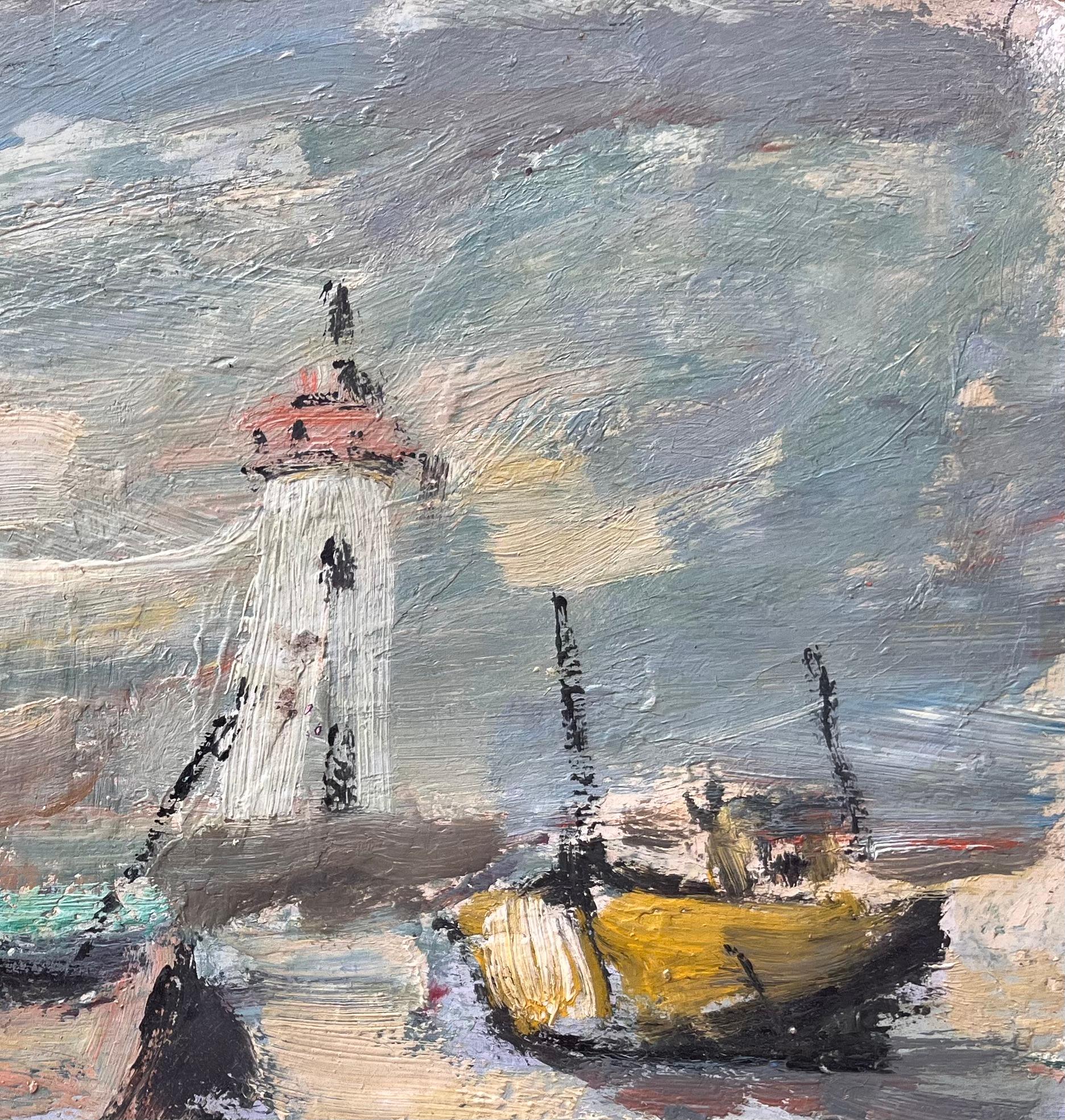 Peinture à l'huile française de la côte des Bateaux avec des bateaux et un phare - Impressionnisme Painting par Fanch Lel